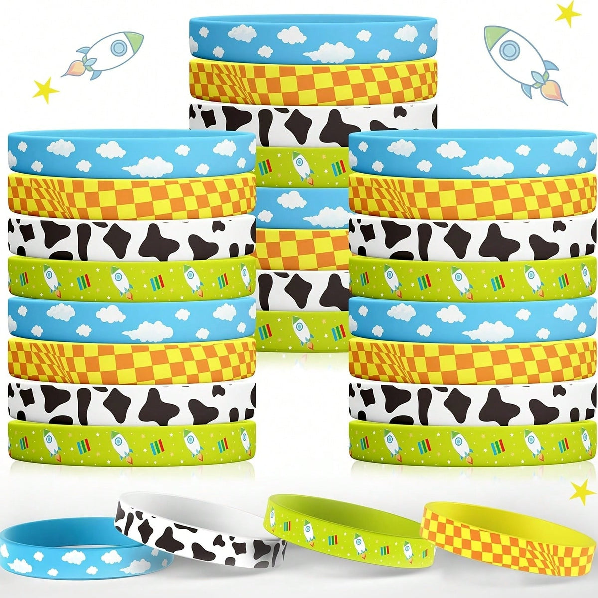 12pcs Random Cartoon Bracelet Party Favor Set, Cow Print Farm Animal Story Theme Wristbands, Birthday Party Gifts, Country Farm Style Party Supplies And Gift Bag Fillers