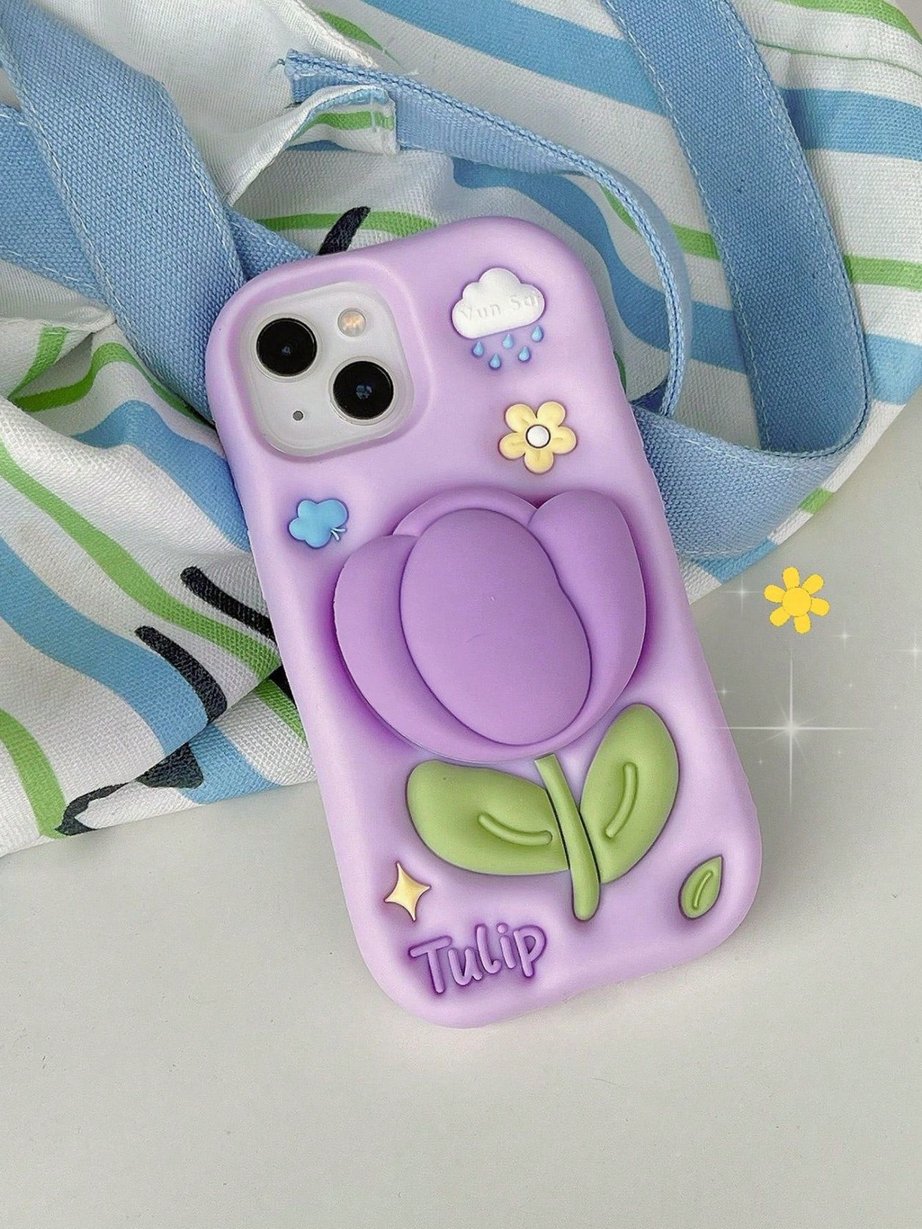 1pc Cartoon 3D Tulip Phone Stand Case Compatible With IPhone 17 16 15 14 13 12 11 Series, Anti-Drop Silicone Soft Shell, Highly Attractive Aesthetic Protective Case