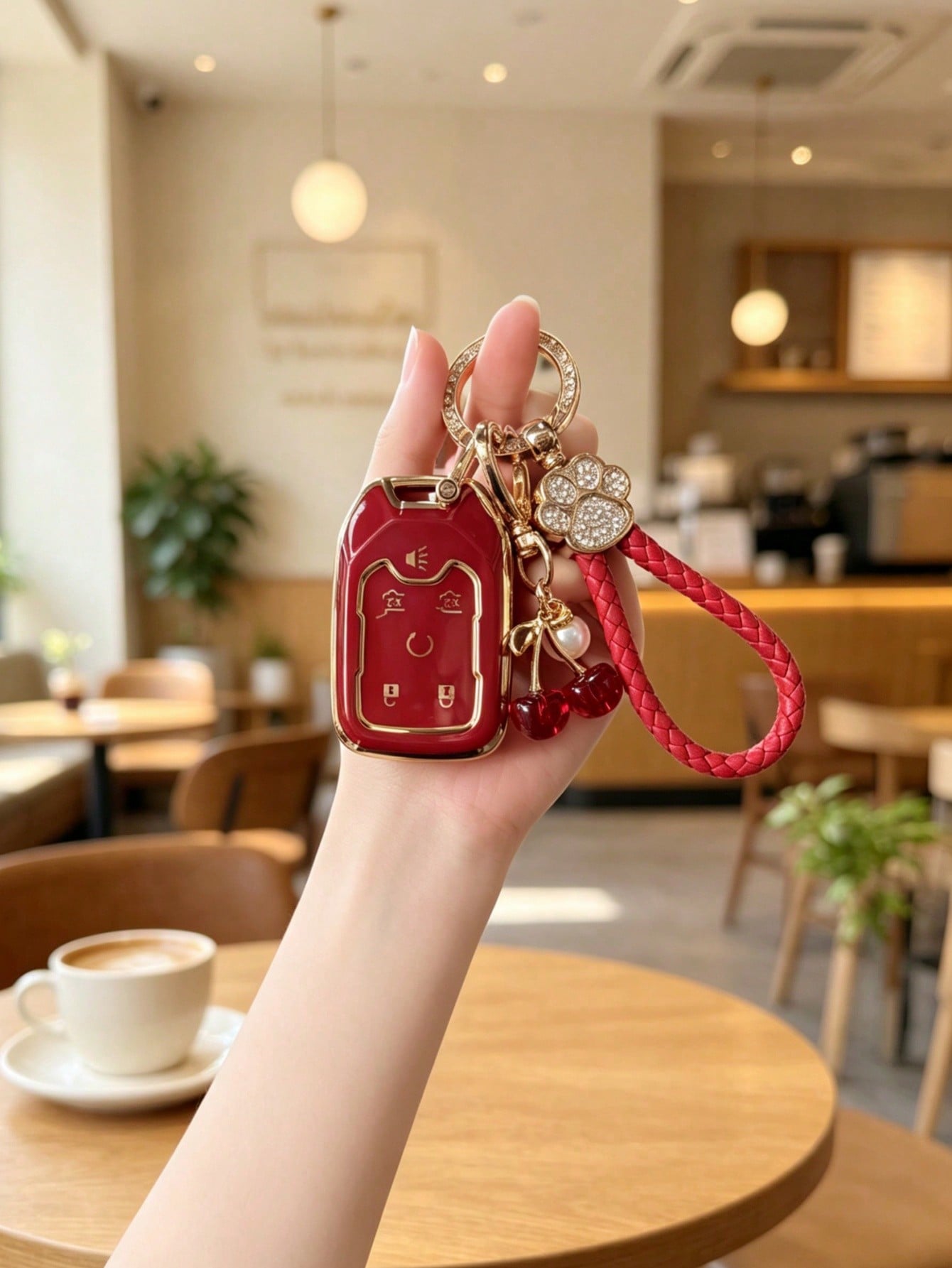 1PC Cherry Rhinestone Cat Paw Keychain Suitable For GMC Chevrolet Car Key Cover Colorad High-End Fashion Suburban Key Shell Couple Keychain