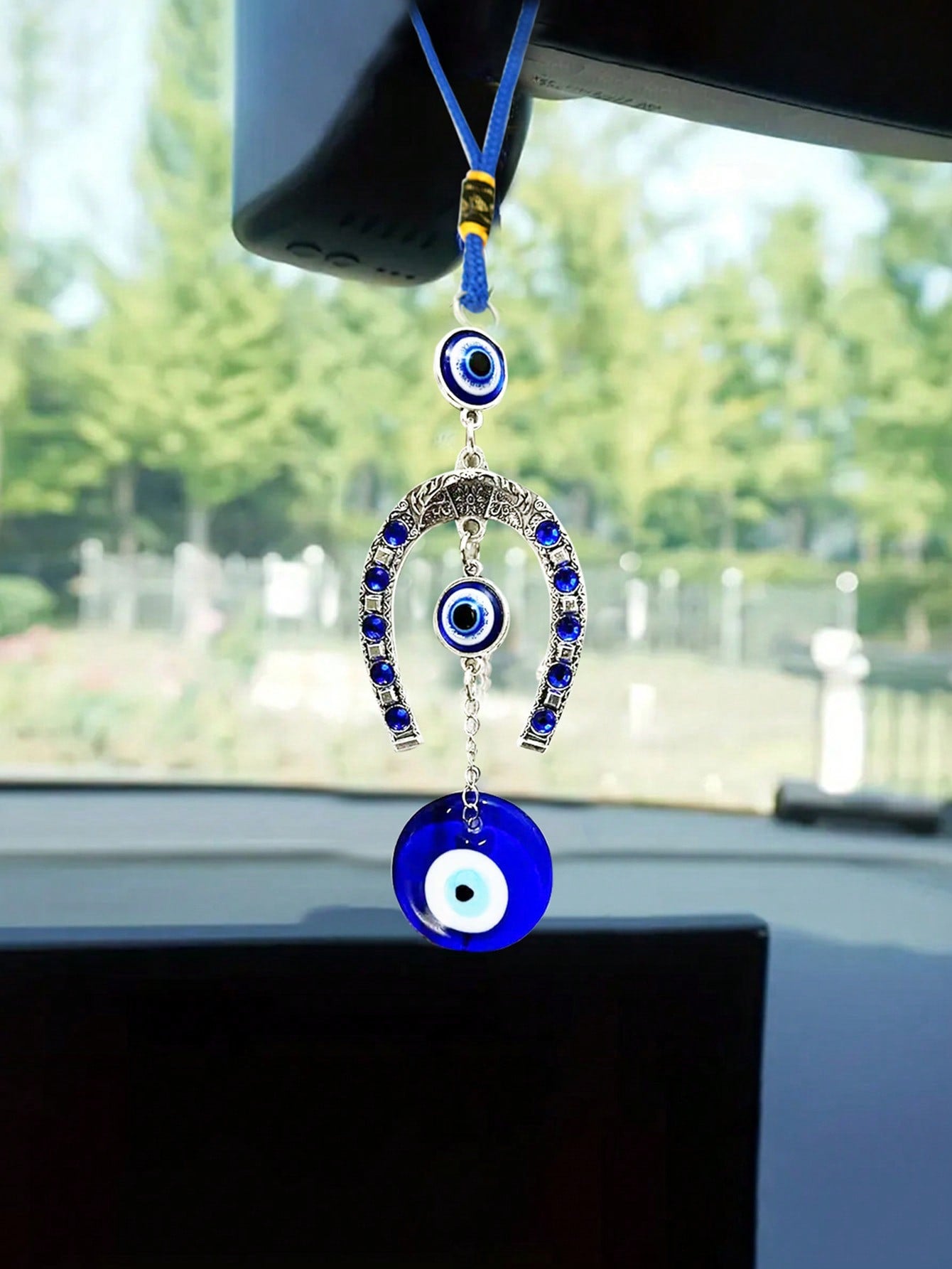 1pc Devil Eye & Horseshoe Shaped Blue Eye Rhinestone Decor Lucky Charm Keychain Pendant