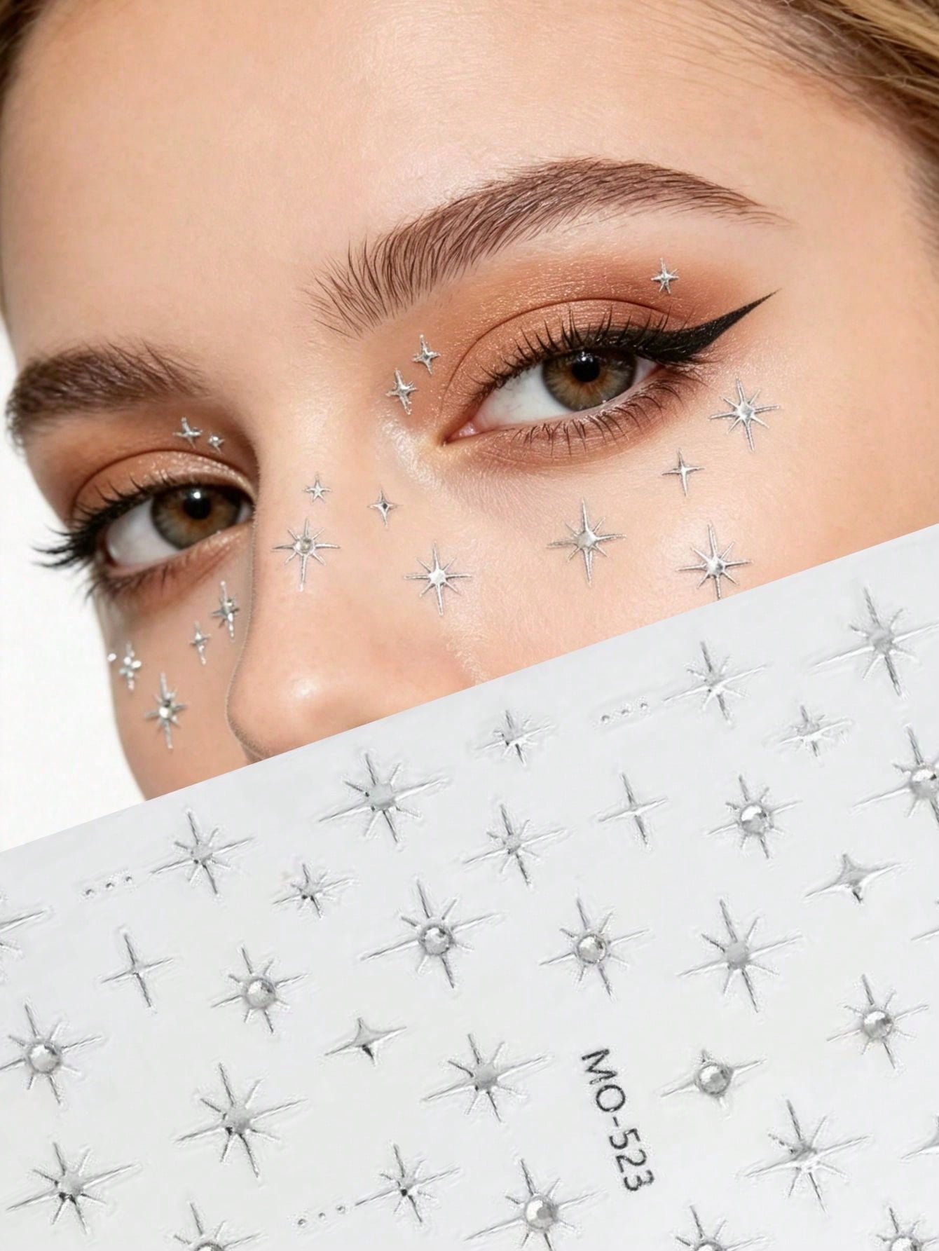 1pc European And American Style Silver Starburst Rhinestone Face Sticker, Adhesive-Free Design, Easy To Create Atmospheric Makeup. Built-In Transparent Rhinestone Accents, Staggered Starburst Shape, S