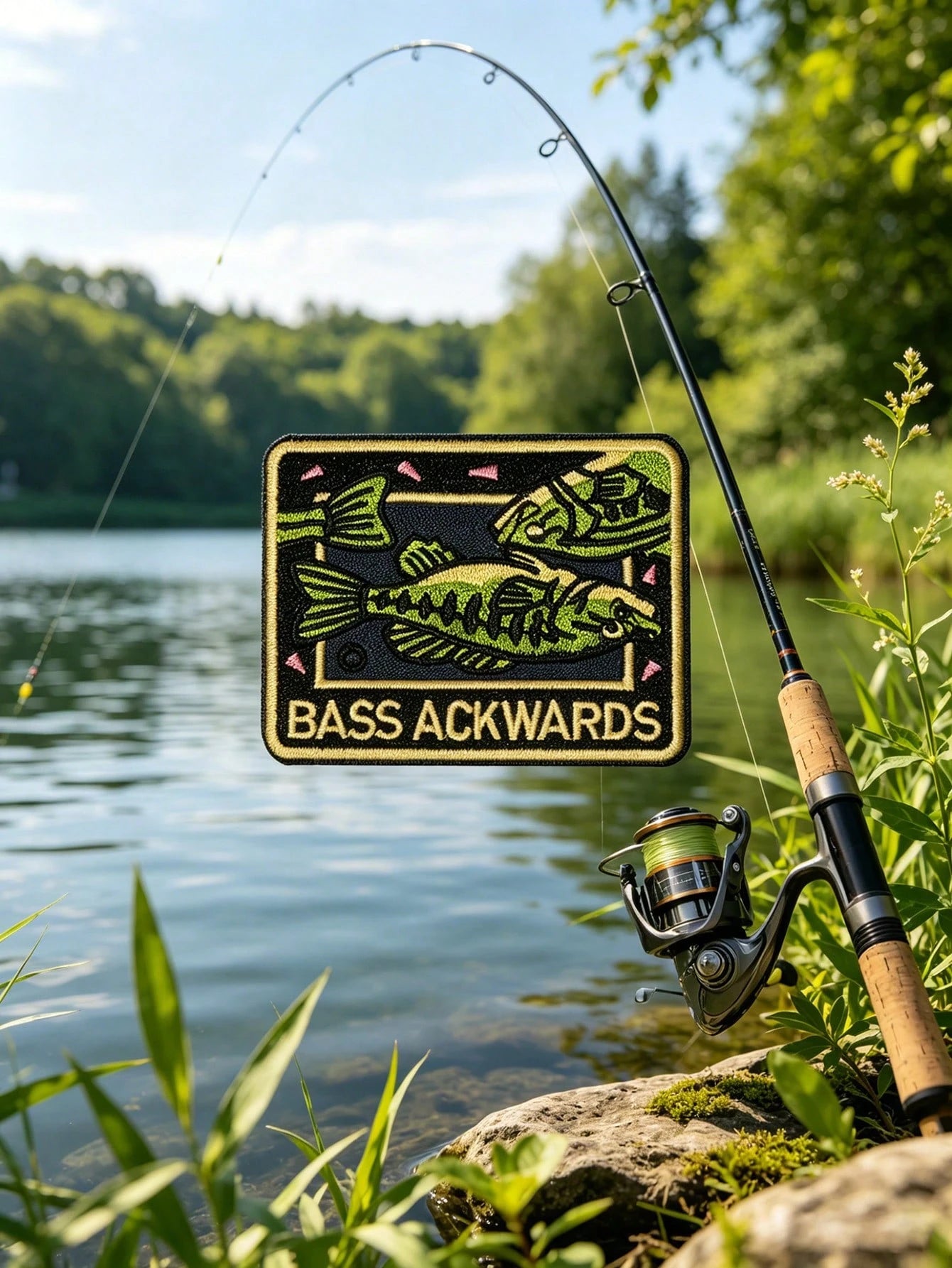 1pc Funny "BASS ACKWARDS" Fishing Embroidered Patch, Humorous Square Fishing Embroidery Applique, Suitable For DIY Iron-On/Sewing Patch, Decorating Fishing Shirts, Backpacks, Hats, Vests, Outdoor Enth