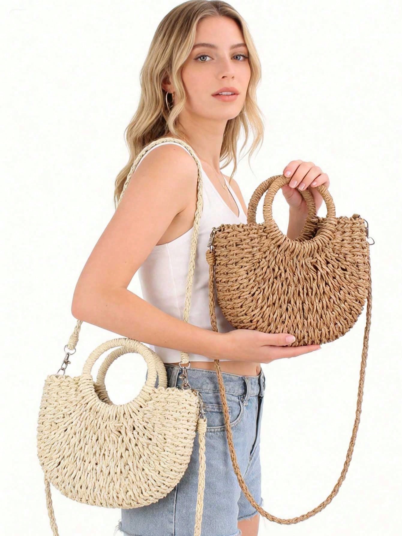 1pc Half Moon Shaped Handbag, Minimalist Ins Style, Half Moon Straw Woven Bag, Beach Handwoven Bag, Fashion Beach Vacation Straw Woven Bag, Holiday Women's Bag