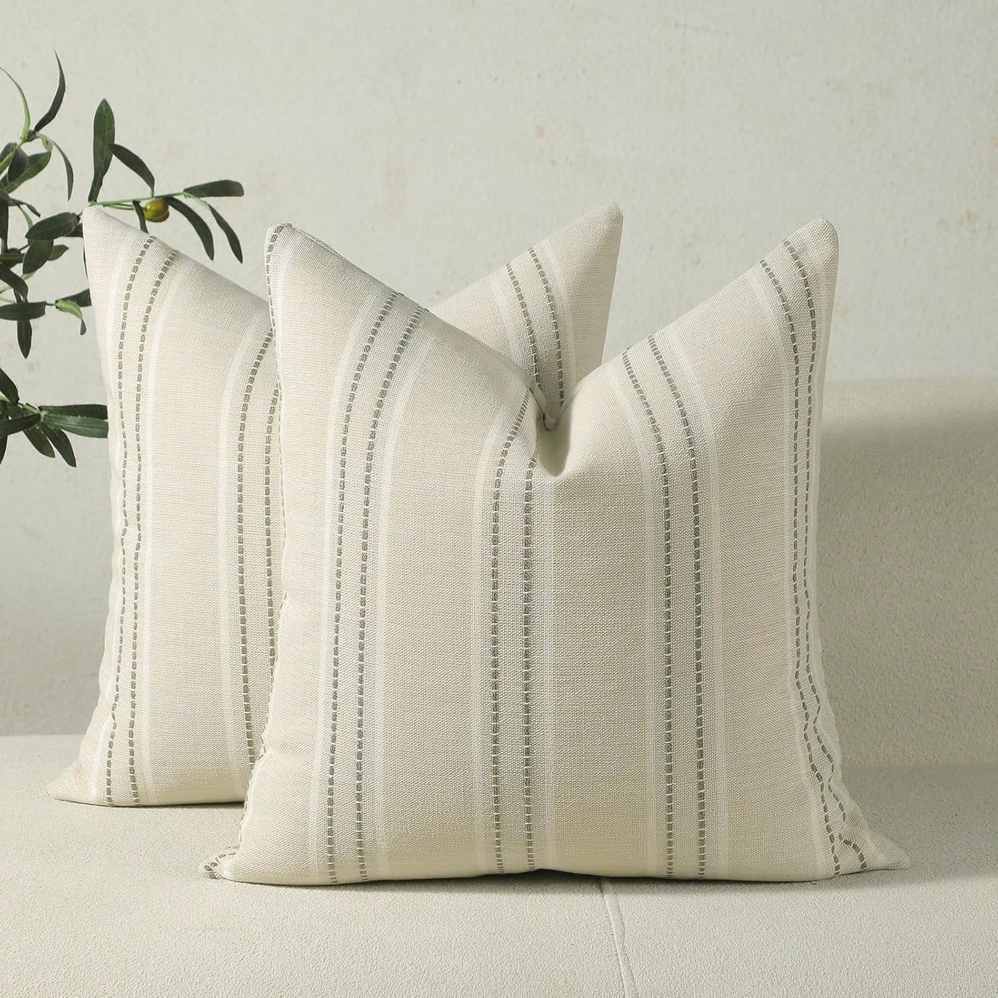 1PC Linen Throw Pillow Covers, Boho Textured Pillow Case,,Beige With White & Navy Blue Stitch Yarn Dyed Stripe Cushion Cover For Sofa Couch Living Room(Cover ONLY)