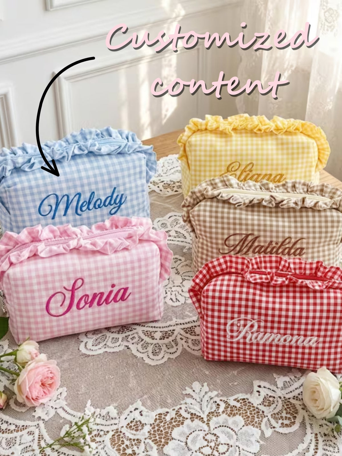 1pc Personalized Plaid Embroidered Makeup Bag, Ruffle Trim Design, Customized Name Print, Multi-Functional Storage, Zipper Closure, Sweet Minimalist Style, Makeup Storage Bag/Toiletry Bag, Suitable Fo