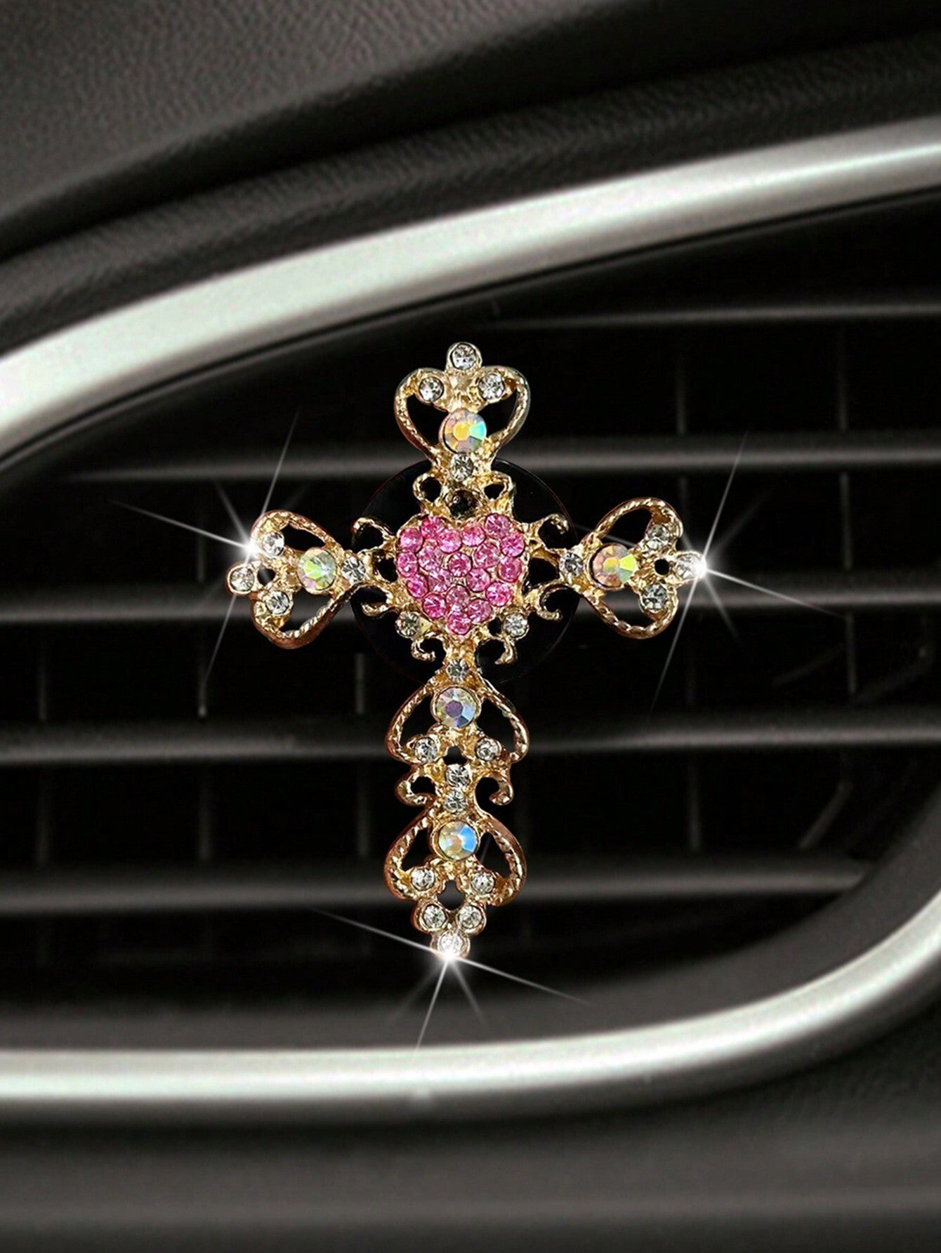 1pc Rhinestone Heart Car Air Outlet Perfume With Gold Rhinestone Cross Interior Air Conditioning Decoration