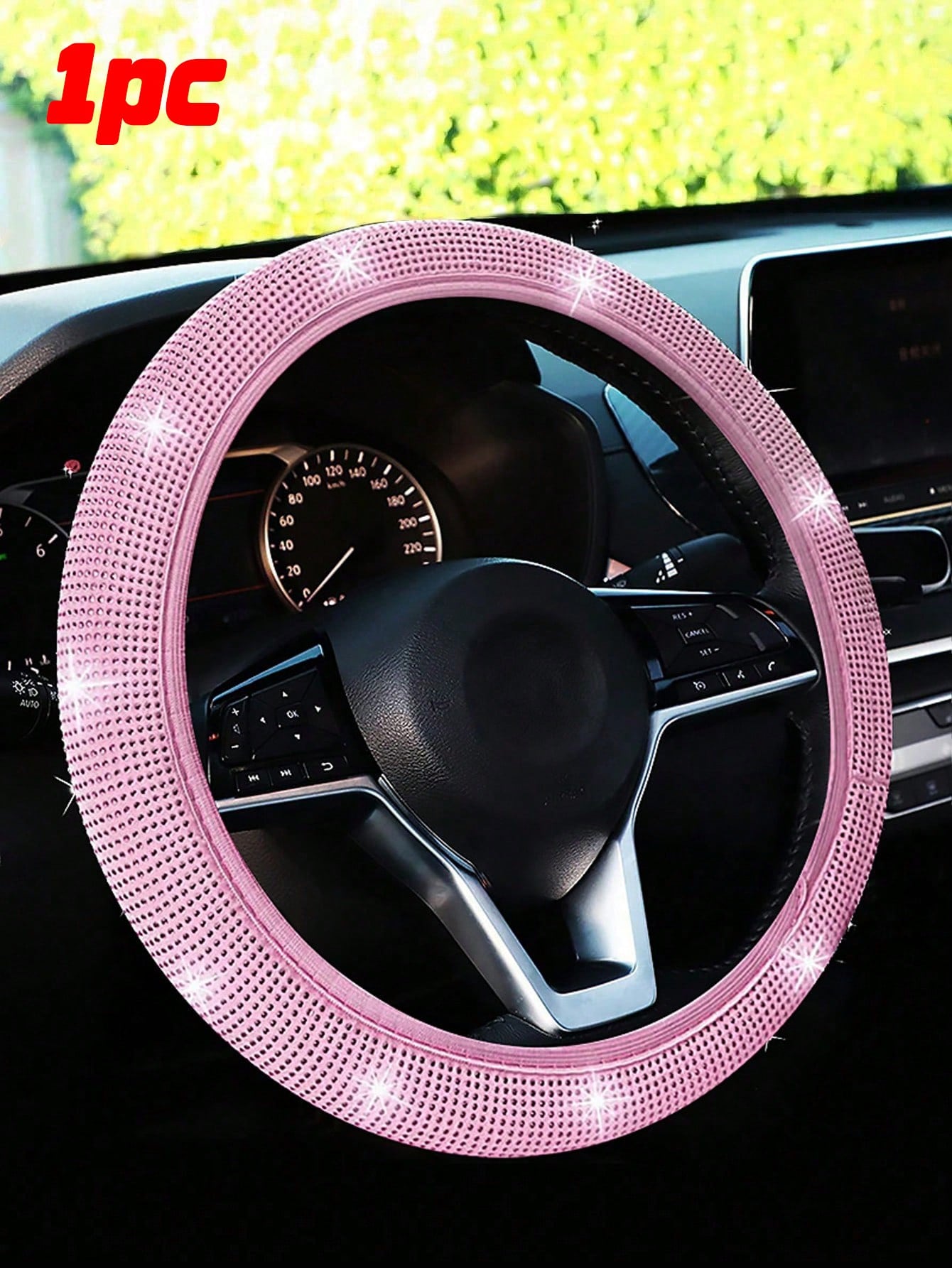 1pc Sparkling Pink Bling Crystal Diamond Ornament Car Steering Wheel Cover With Rhinestones Anti-Slip Breathable Fabric (Suitable For 14.2-15.3 Inches),Pink Car Stuff,Car Accessories Women