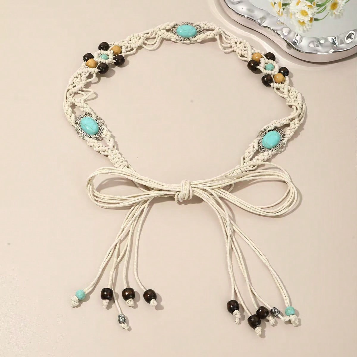1pc Women's Bohemian Style Woven Wooden Bead Elegant Knotted Waist Belt