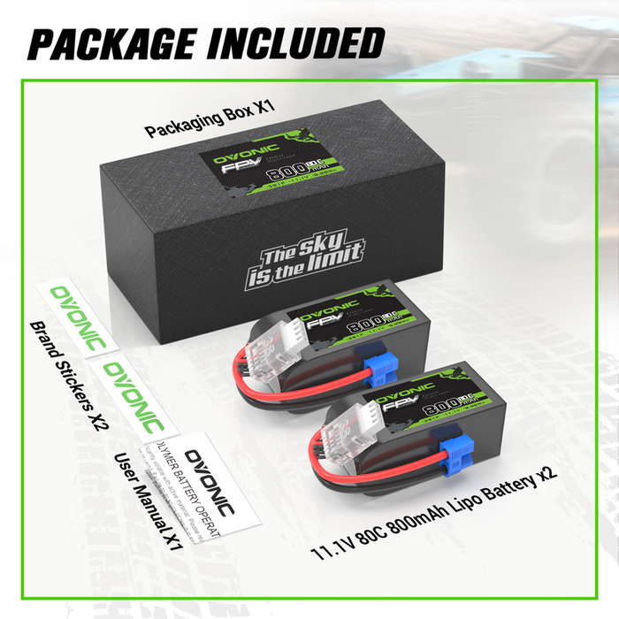 2× OVONIC 11.1V 80C 800mAh 3S LiPo Battery with EC2 Plug for Micro FPV Tinywhoop Cinewhoop Drone Helicopters