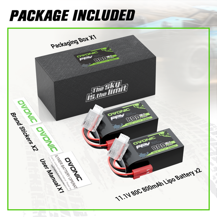 2× OVONIC 11.1V 80C 800mAh 3S LiPo Battery with JST Plug for Micro FPV Tinywhoop, Cinewhoop Drones & Helicopters