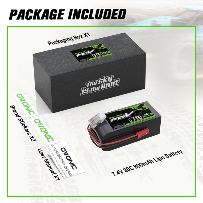 2× OVONIC 7.4V 80C 800mAh 2S LiPo Battery with JST Plug for 250 Helicopters, 800mm Warbird
