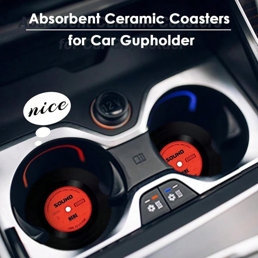 2 Pack Car Coaster Absorbent Ceramic Stone Cork Base Drink Coasters 2.6 Inch Music Retro Disco Nostalgics Auto Accessories Cup Holders For Women Men Car Decor