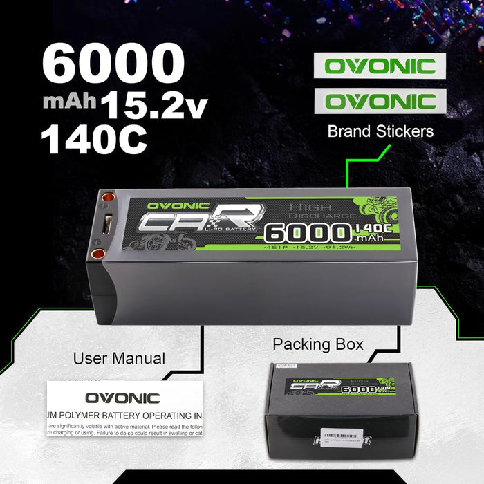 2-Pack OVONIC 15.2V 6000mAh 140C 4S LiHV Hardcase LiPo Battery Pack with 5mm Bullet to EC5 Plug for 1/5 Scale RC Cars, Drag Racing & 8S Rigs
