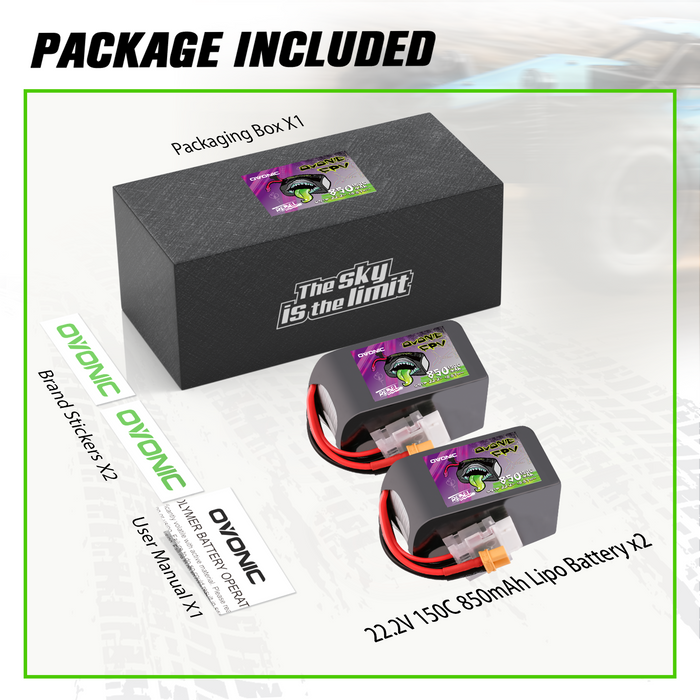 2 Pack OVONIC 22.2V 150C 850mAh 6S LiPo Battery with XT30 Plug for 90-180mm Brushless FPV Drones Cinelog & Protek25