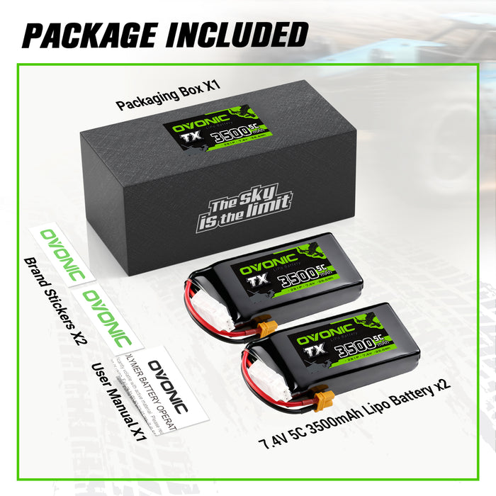 2-Pack Ovonic 2S 3500mAh 5C 7.6V LiHV Battery w/XT30 Plug for RC Transmitters and Receivers