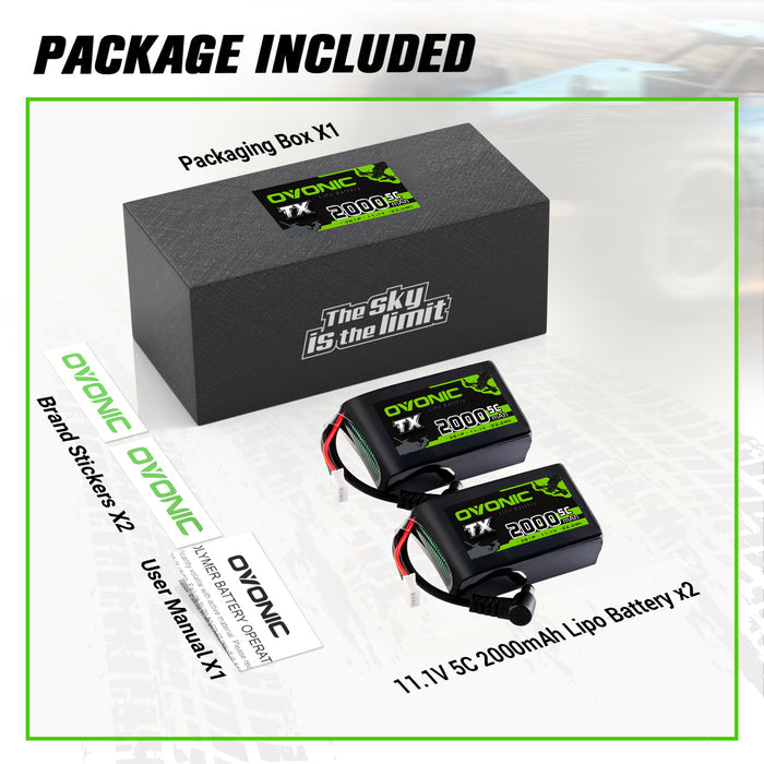 2-Pack Ovonic 3S 2000mAh 5C 11.1V LiPo Battery w/DC55 Plug for RC Transmitters and Receivers