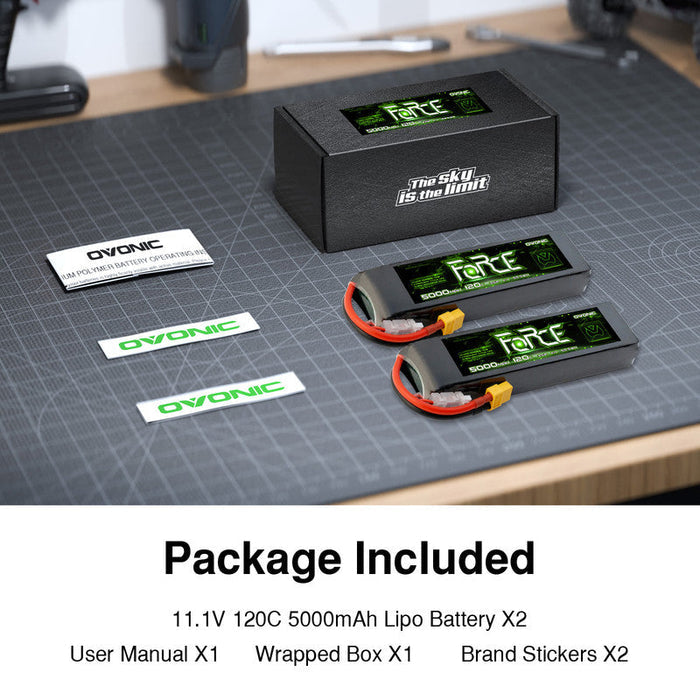 2-Pack Ovonic Force 3S 11.1V 5000mAh 120C LiPo Battery with XT60 to TRA Adapter for 1/10 RC Basher & Heli