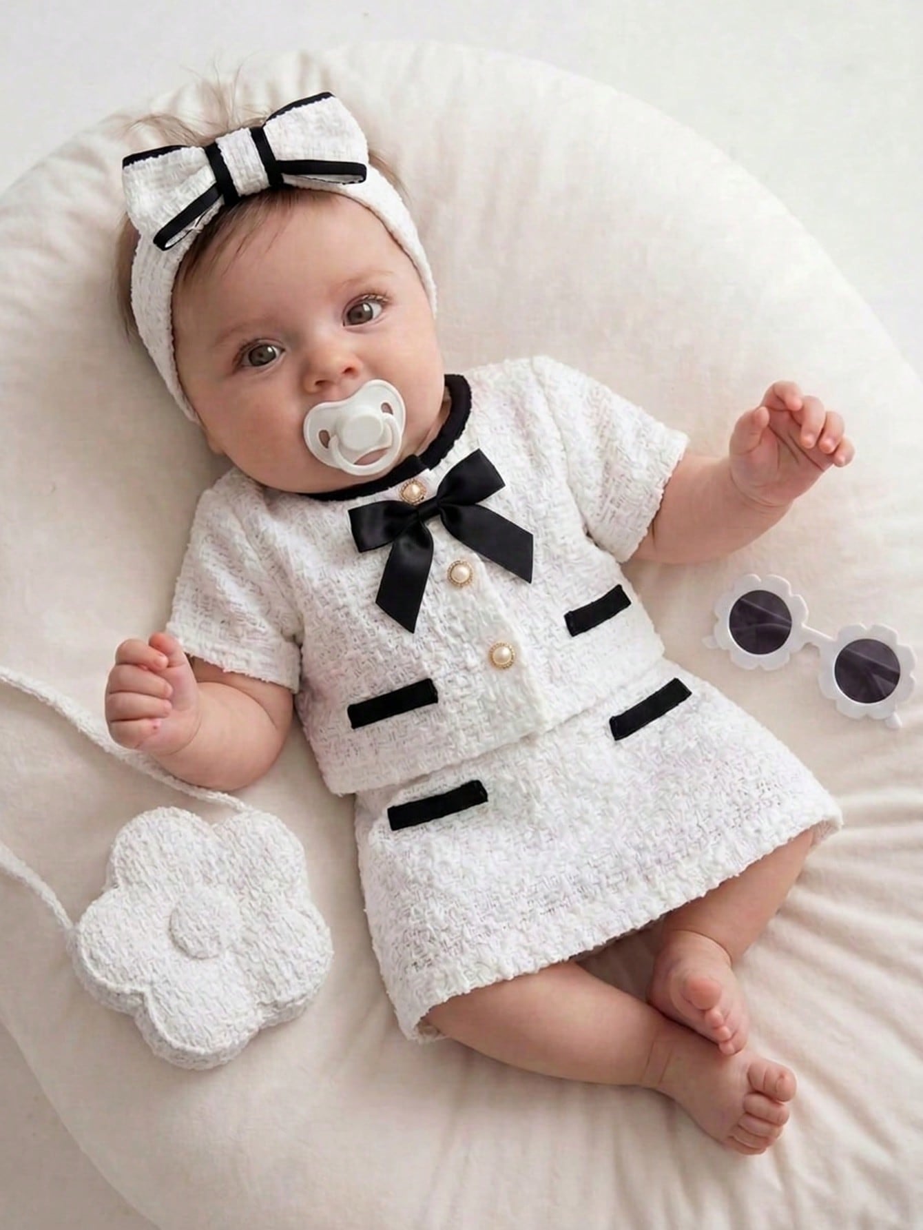 2-Piece Baby Girl Woven Tweed Top & Skirt Set,Black And White,Summer,Formal,Party Cruise Cute Newborn Knitted Outfits With Faux Pearl Button & Bow