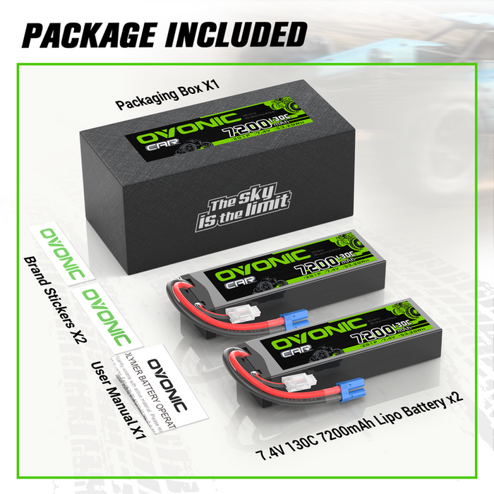 2 x OVONIC 2S 7200mAh 130C Hardcase 7.4V Lipo Battery with EC5 Plug for 1/10 scale Vehicles Car RC Truck
