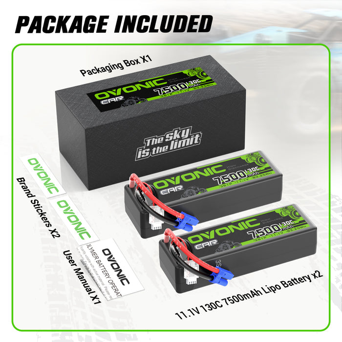 2 x OVONIC 3S 7500mAh 130C 11.1V LiPo Battery with EC5 Plug for 1/8 & 1/10 Scale RC Car Boat Helicopter