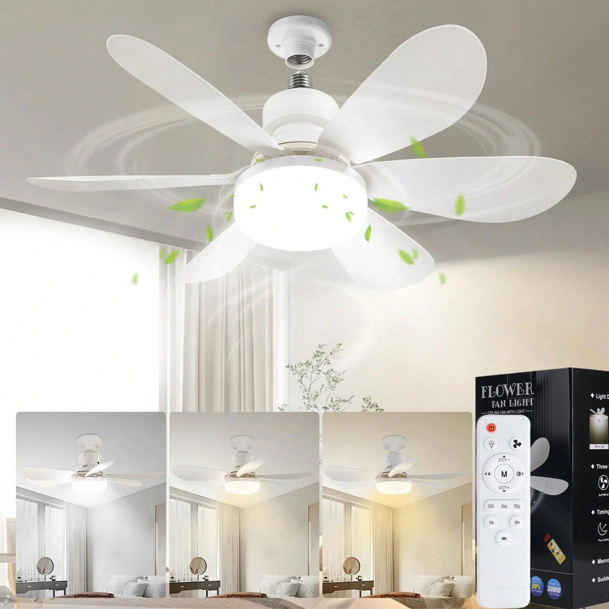 20.5" 40W Socket Fan Light, 3000K-6500K & 3 Quiet Speed, 1/2/4H Timer & Night Light, E27 Remote-Control Fan For Garages, Kitchens, Living Rooms, Tool Shops (White/Black)