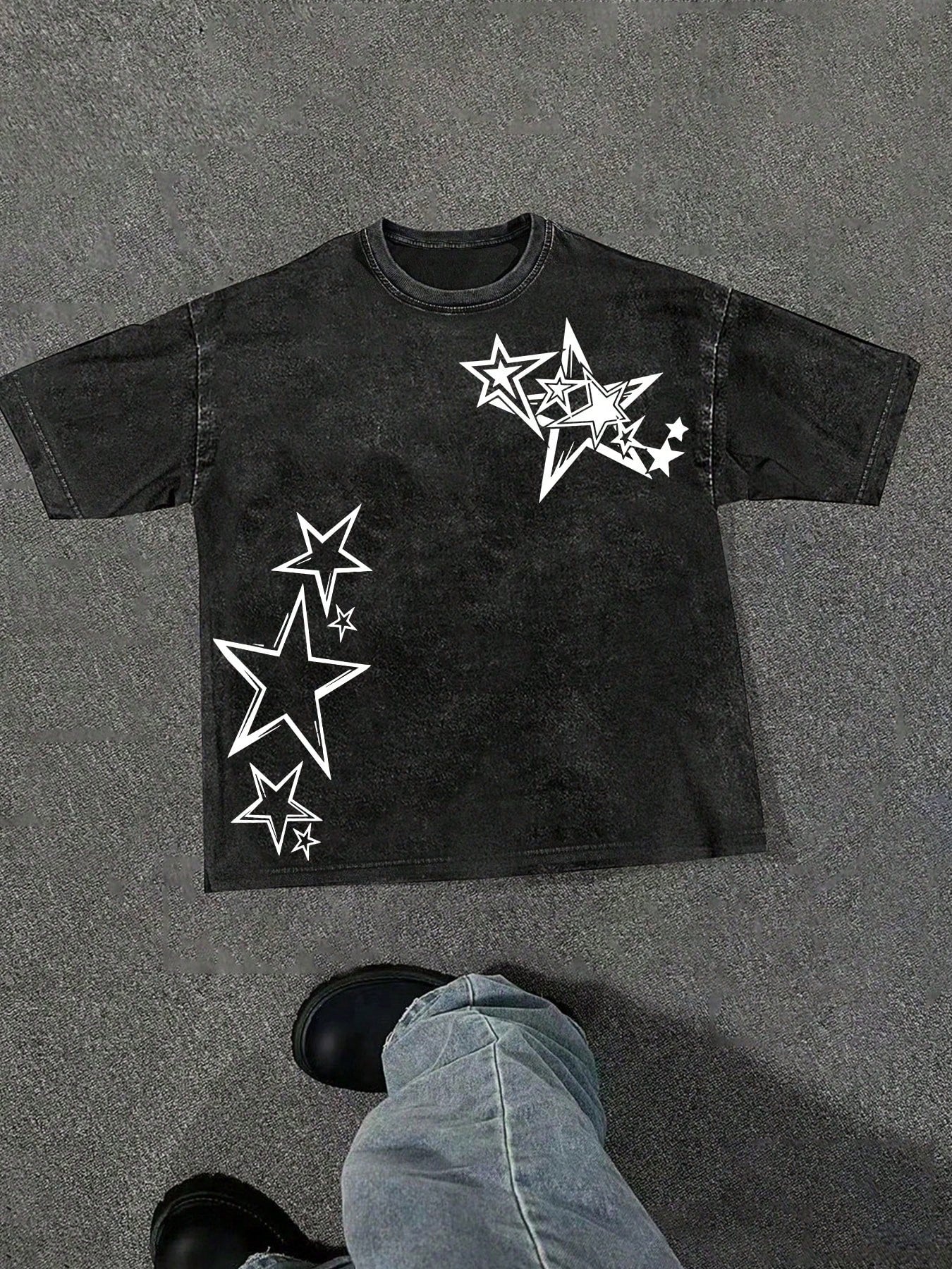 (230g T-Shirt)Men's Washed Cotton Star Graphic Tee, Oversized Loose Casual Crew Neck Short Sleeve T-Shirt, Retro Streetwear Comfortable Soft Top