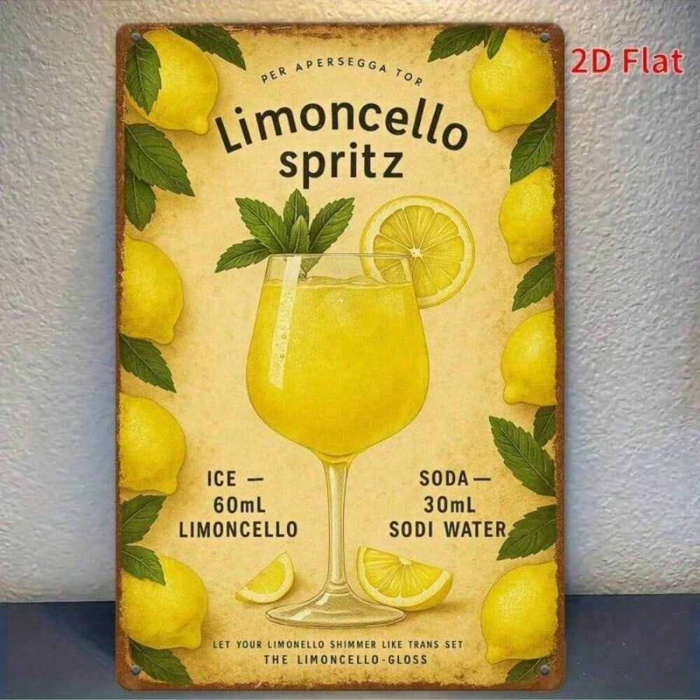 2D Flat, 1pc Vintage Limoncello Spritz Cocktail Metal Tin Sign- Retro Italian Bar Decor With Lemon Graphic- 8x12 Inch (20x30cm) For Home, Kitchen...