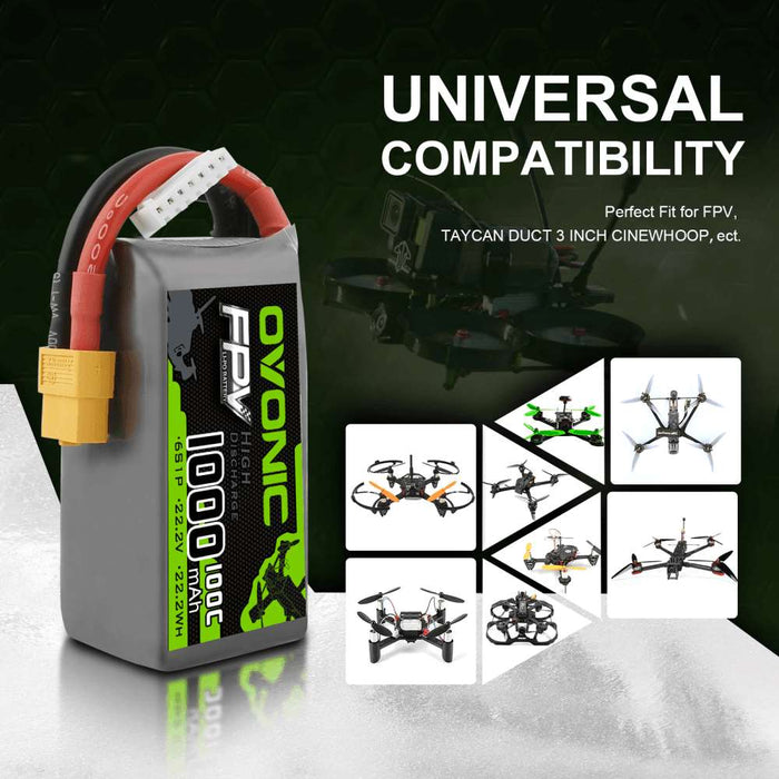 OVONIC 22.2V 100C 6S 1000mAh LiPo Battery Pack with XT60 Plug for FPV UAV