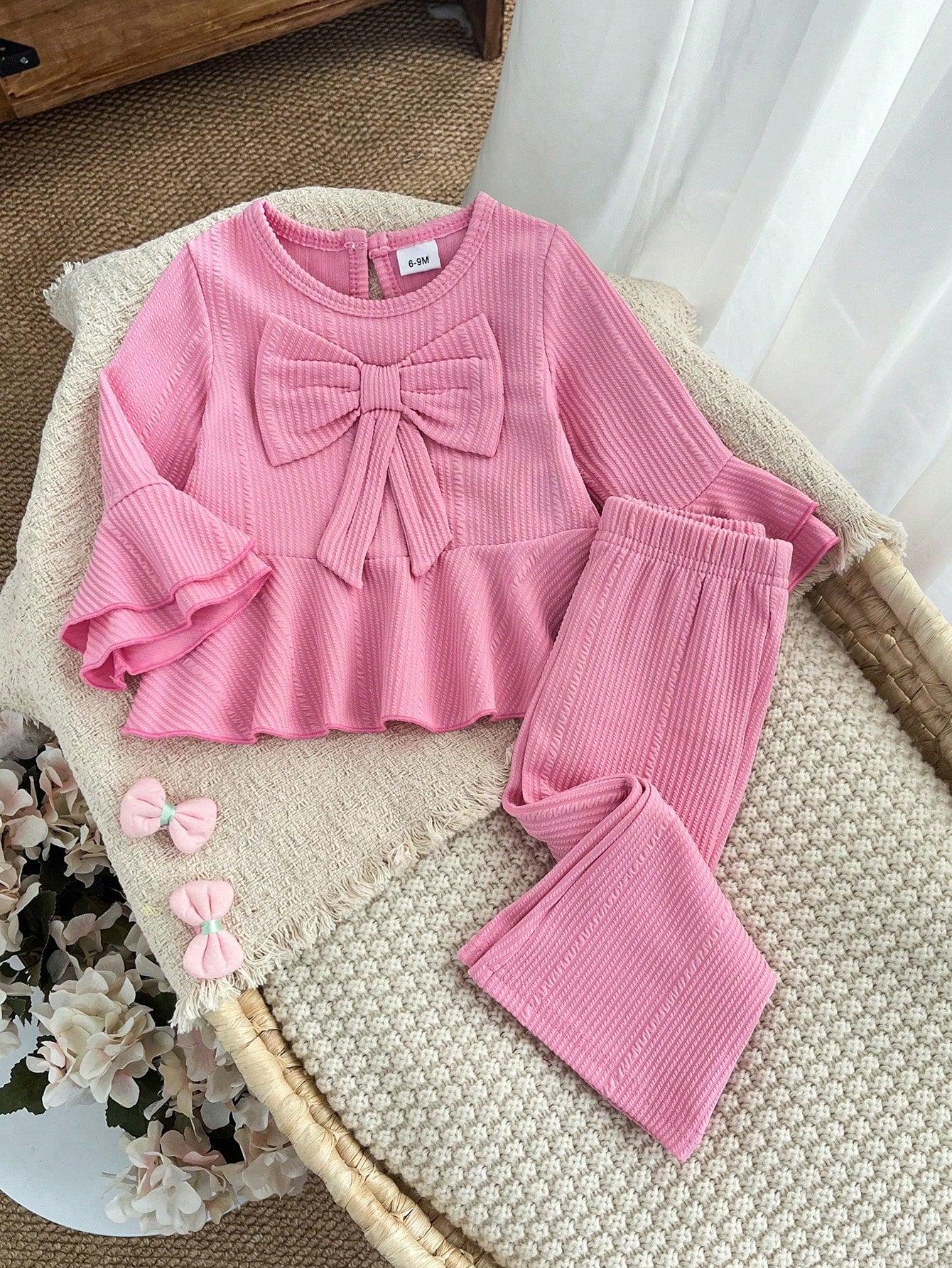 2pcs Baby Girl Cute Pink Bow Bell Sleeve Top & Matching Flared Pants Set, Lightweight Spring/Autumn