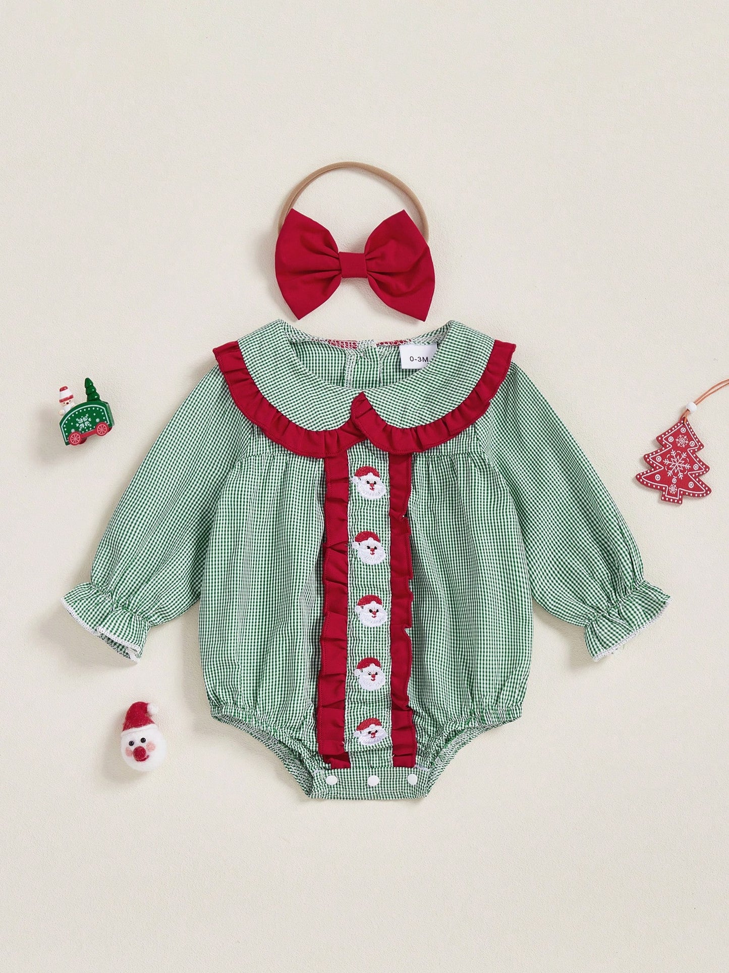 2Pcs Baby Girls Christmas Plaid Romper Santa Embroidery Doll Collar Long Sleeves Jumpsuits And Cute Headband Set