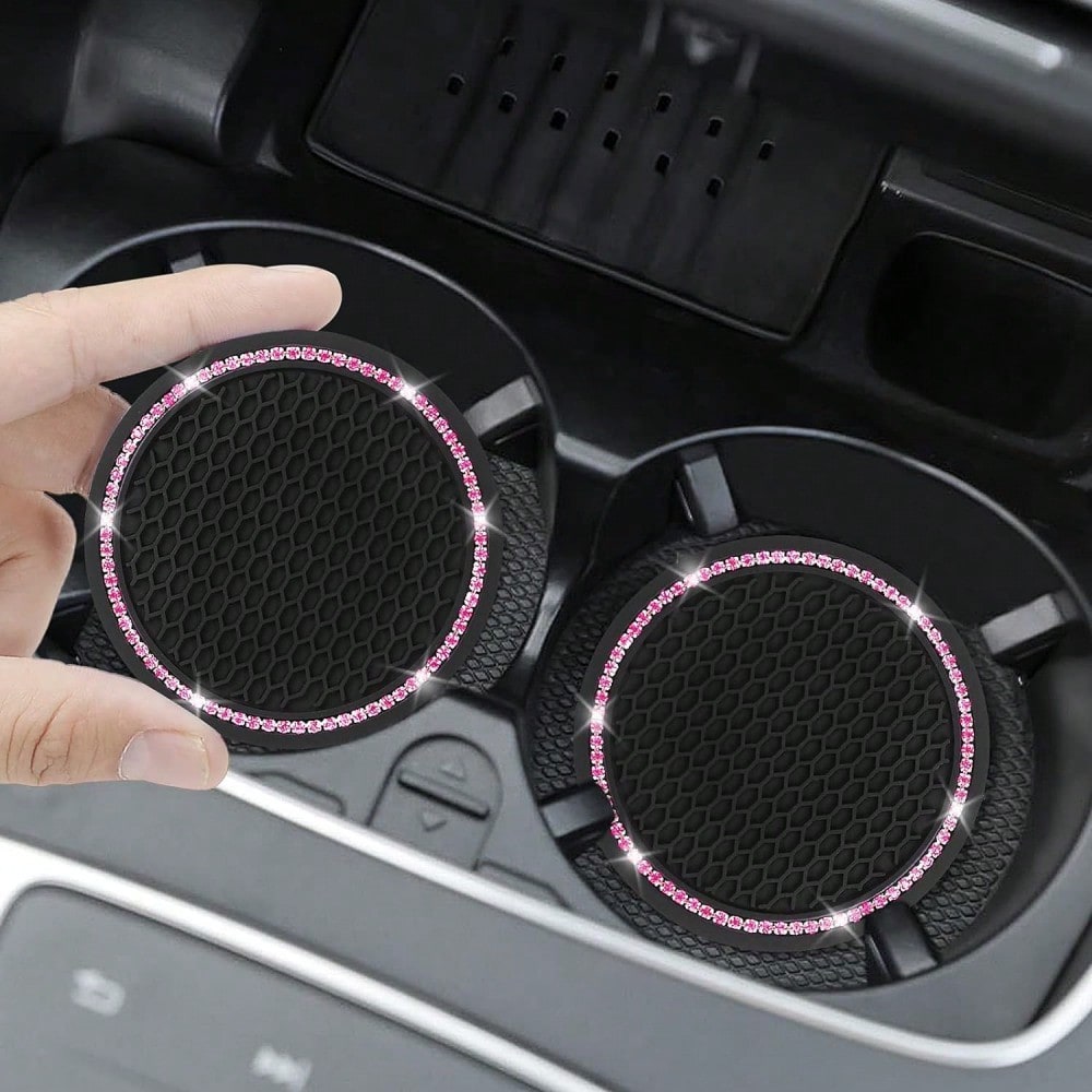 2pcs Car Cup Holder Coasters, Round Pink Rhinestone Decor, Non-Slip Silicone Cup Coasters