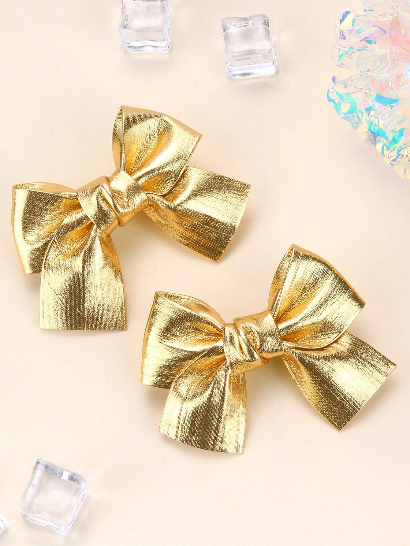 2pcs Gold Bow Hair Clips, Shiny Gold Hair Clips With Full Lining, Cute Sparkling Hair Accessories, Short Tail Design, Children/Baby Hair Decor, Valentine's Day Heart Gift