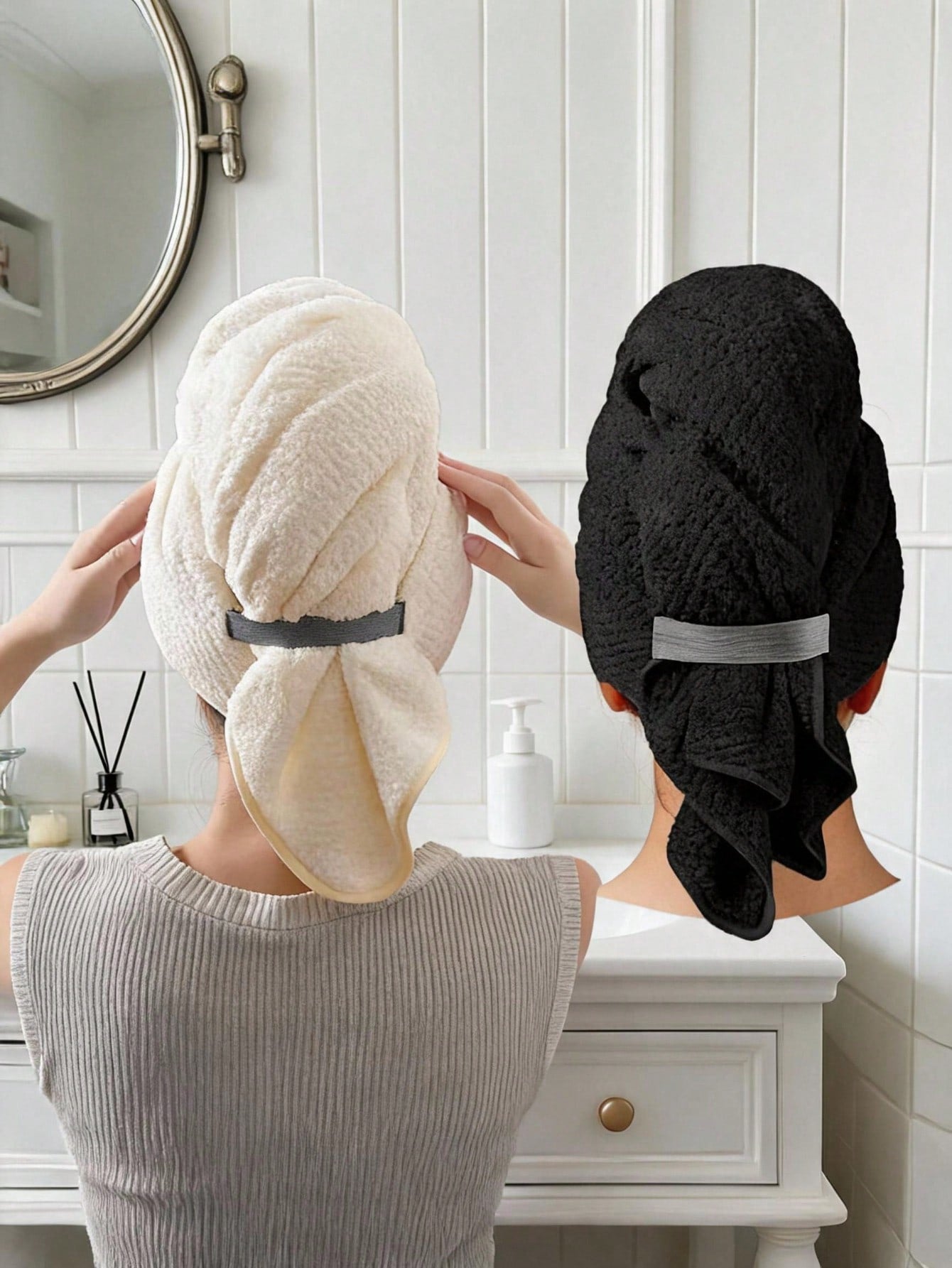 2PCS Large Microfiber Hair Towel Wraps For Women, 20*39" Super Absorbent & Quick-Dry, Hair Turban With Elastic Strap, Anti-Frizz For Curly, Long Short Hair