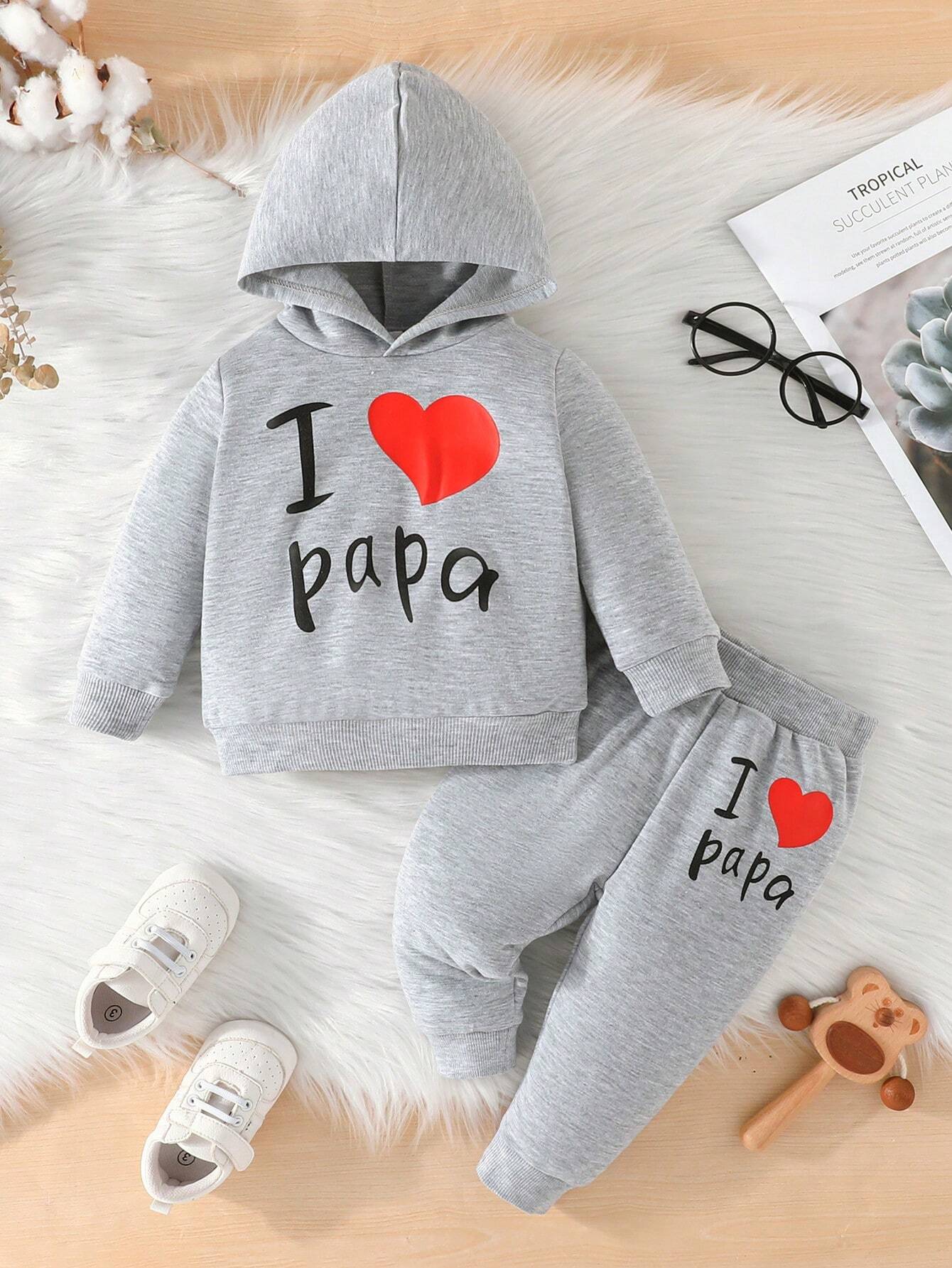 2pcs/Set Infant Toddler Fashion Casual Spring/Autumn New Valentine's Day Heart Pattern Long Sleeve Hooded Sweatshirt + Long Pants Outfit