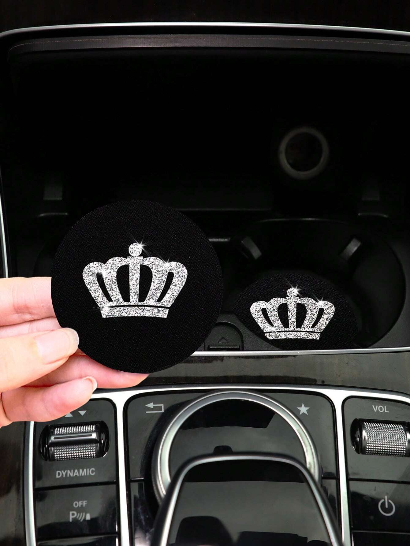 2pcs Waterproof Rubber Bling Crown Sparkling Car Coaster Cup Holder Non-Slip Mat Car Accessories