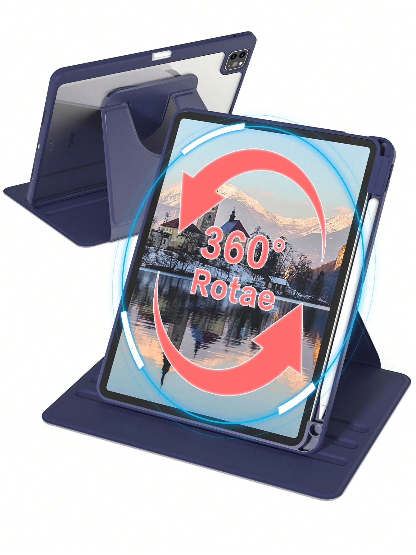 360 Degree Rotating Protective Case Compatible With Ipad, Compatible With Pencil Slot, Shockproof, Auto Wake/Sleep, Adjustable Viewing Angles- Deep Blue