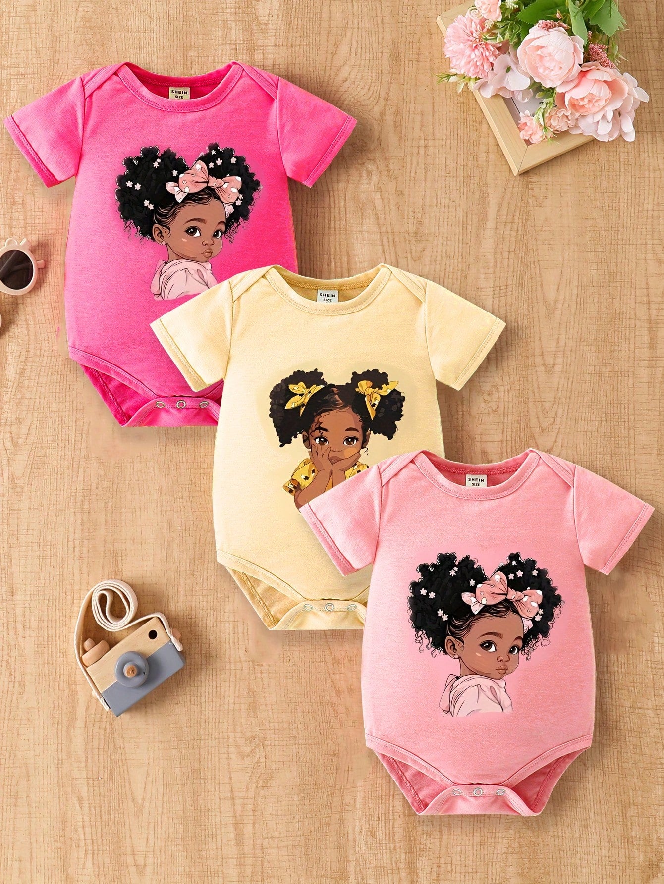 3pcs Baby Girls' Cute Cartoon Bowknot, Curly Hair & Triangle Print Short Sleeve Bodysuit