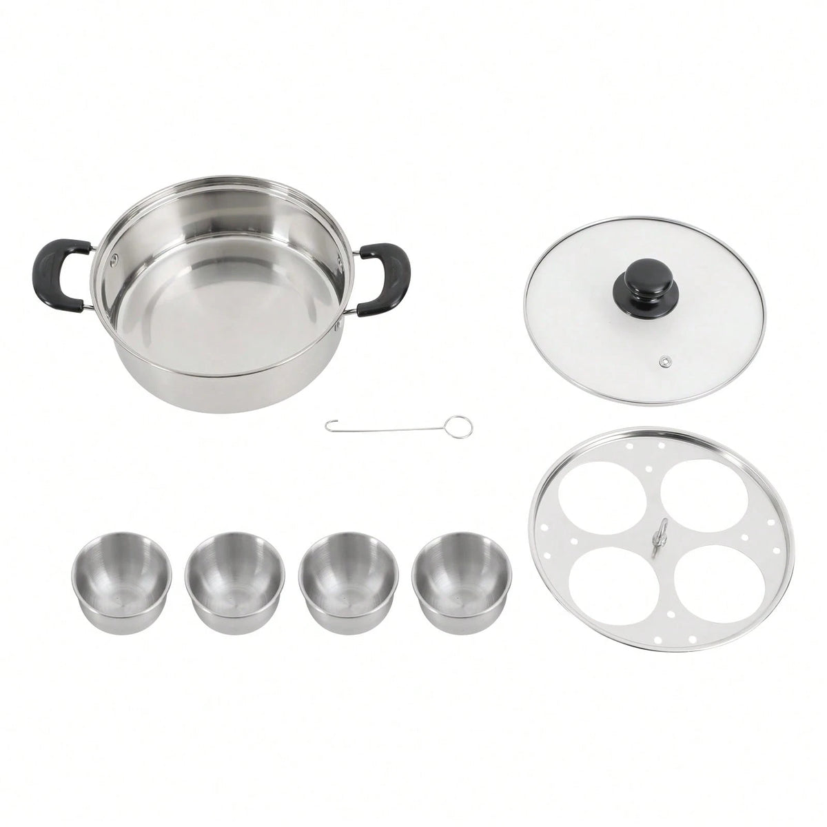 4-Egg Steaming Pot- Stainless Steel, 0.13QT Each Cup, Steamer Tray & Glass Lid, For Gas, Induction, Electric Stove