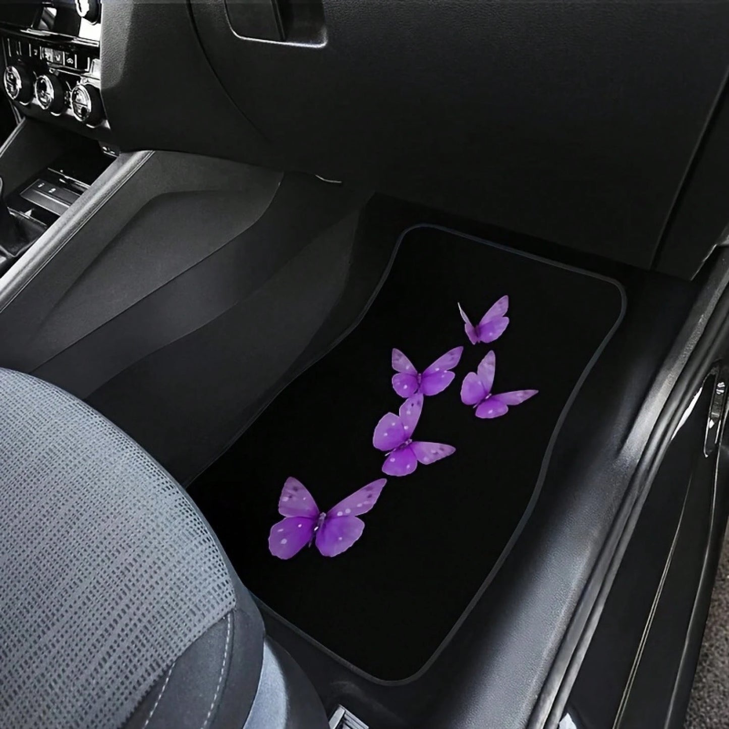 4-Piece Set Of Elegant Butterfly Car Floor Mats For Women, Featuring A Stylish Black And Purple Butterfly Design, Suitable For Sedans, SUVs, And Trucks. Durable And Easy To Clean, They Protect The Veh