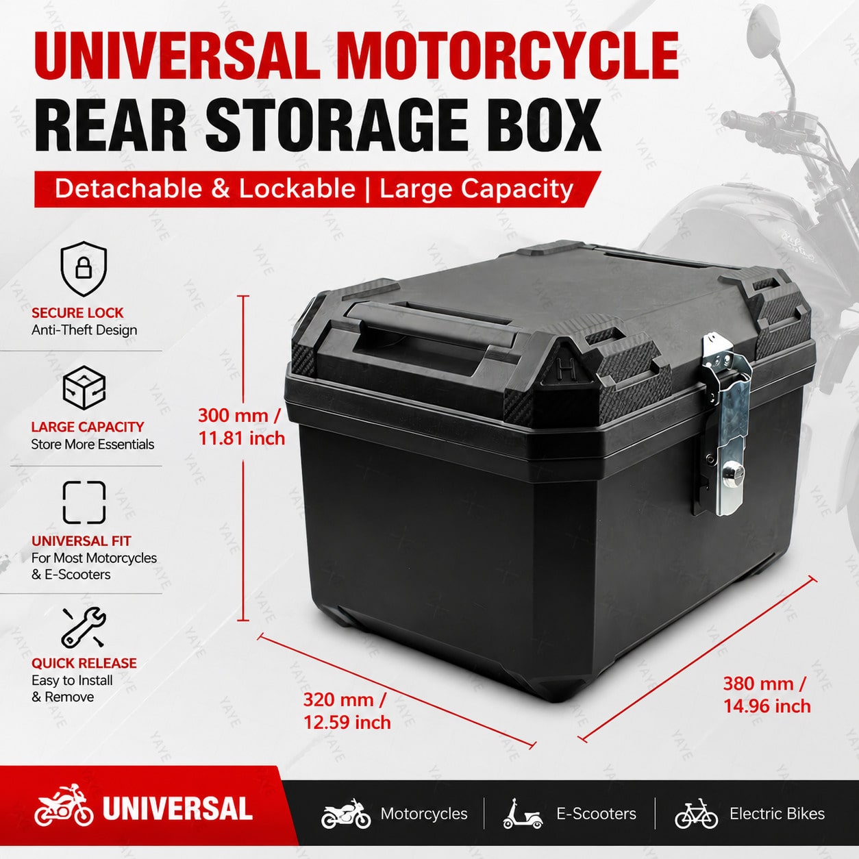 44L Waterproof Motorcycle Tail Box With Security Lock, Suitable For Helmet And Luggage Storage, Also Applicable As Helmet Box