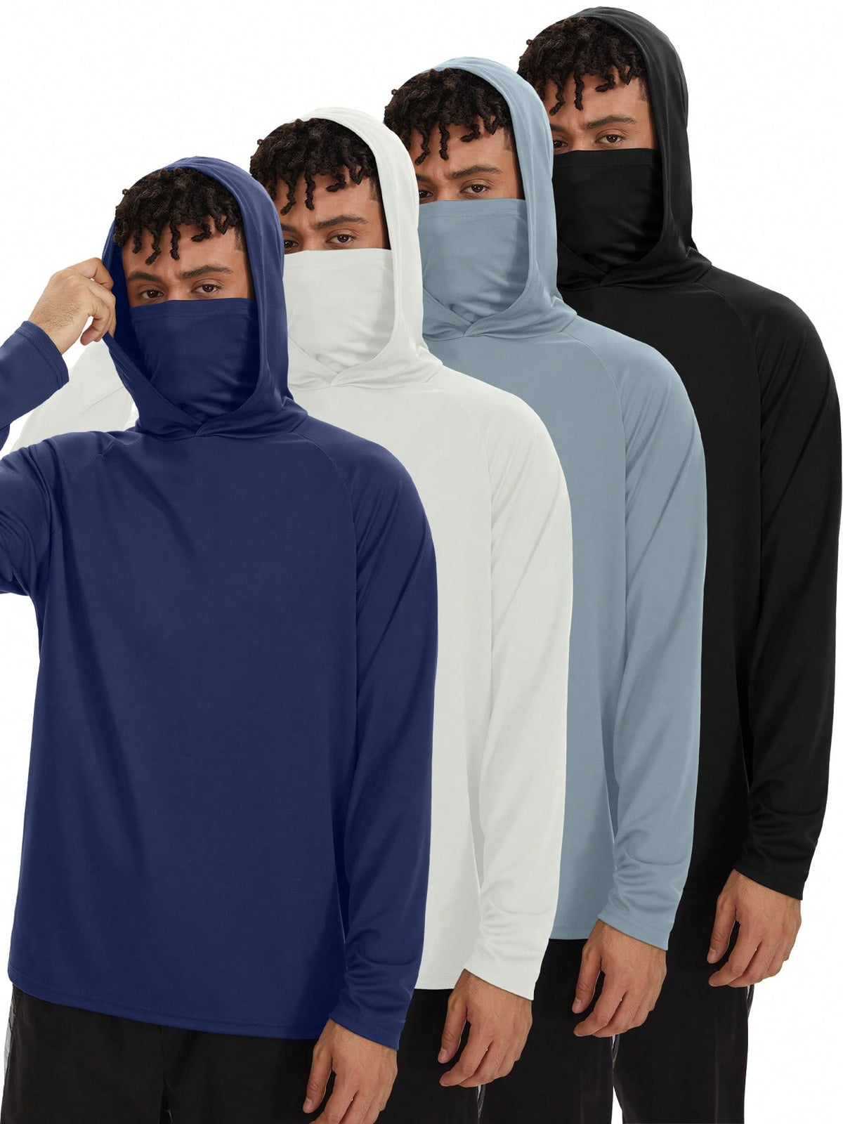 4pc Men's Sun Protection Hooded Sport Shirt With Mask, Quick Dry UV Protection Long Sleeve Guard Hoodie For Fishing Hiking Boating Cycling