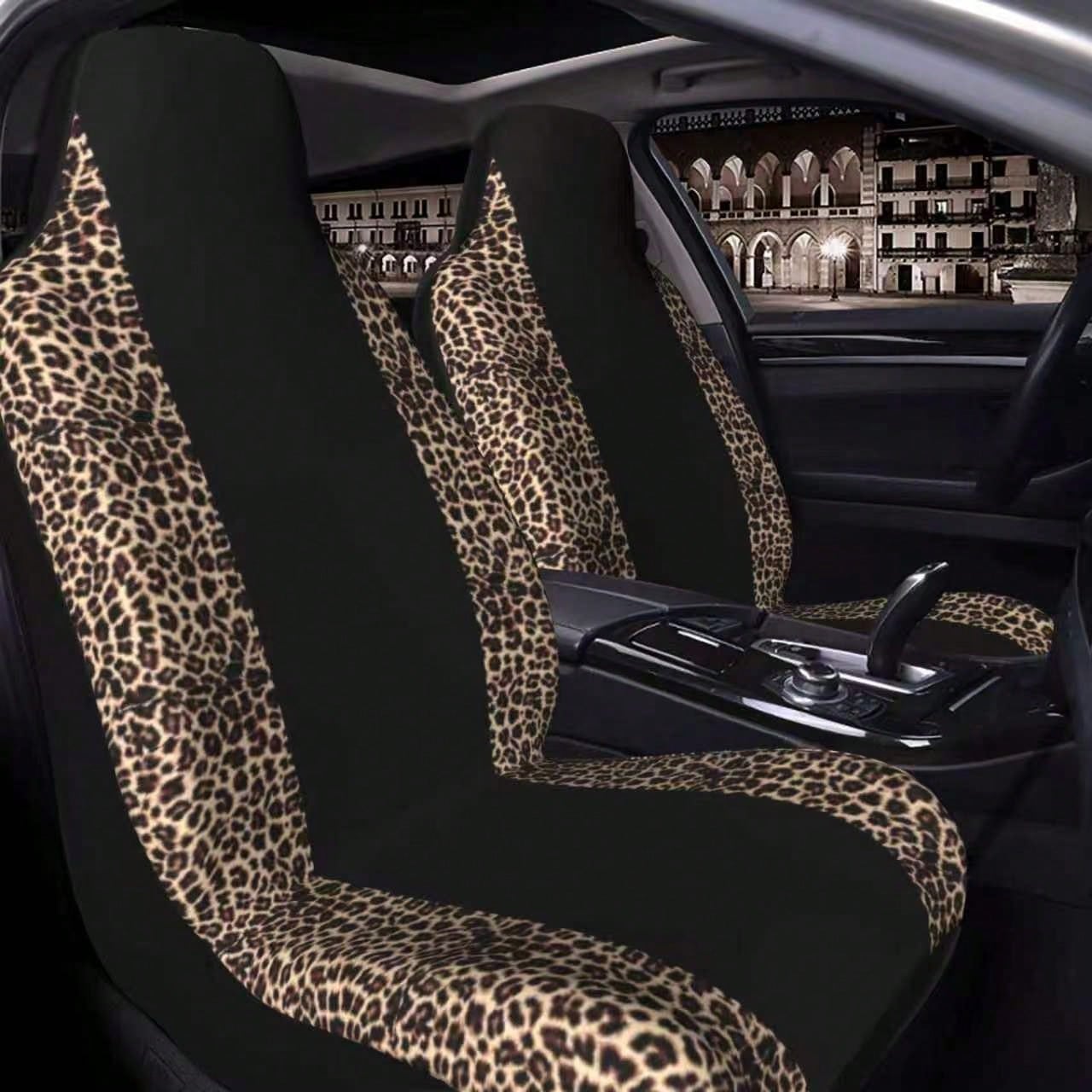 5-Seat 1pc Full Black Center Stripe Leopard Print Car Seat Cover, Car Accessories, Leopard Print Pattern Women's Car Seat Cover, Car Decor, Car Seat Cover, Car Interior Accessories, Men's Car Seat Cov