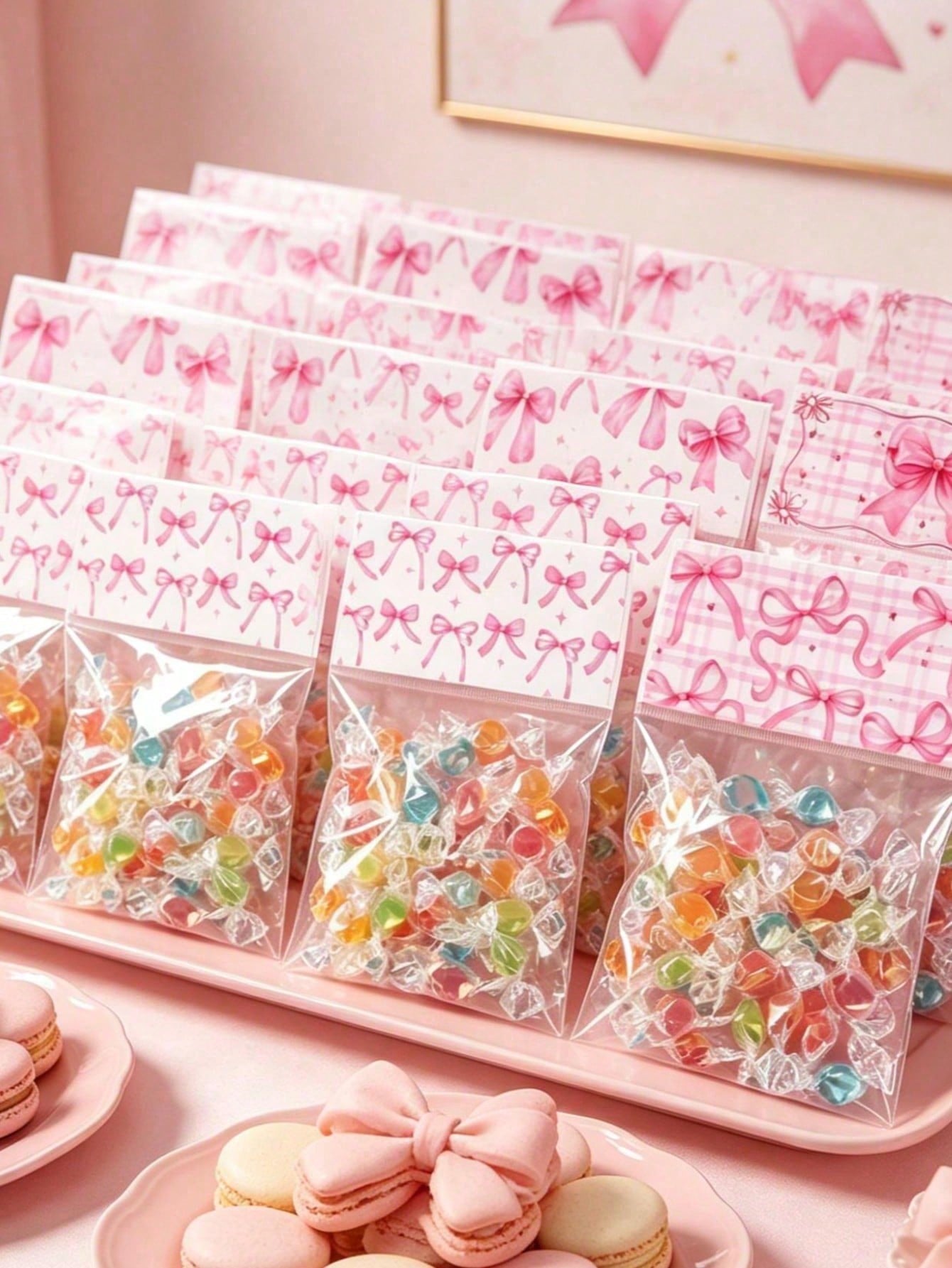 50pcs Pink Bow Transparent Candy Bags, Birthday Party Candy Bags, Wedding Gift Bags, Pink Bow Party Favor Bags, Baby Shower Cookie Bags, Girl 1st Birthday Party Gift Bags, Snack Packaging Bags, Bow Bi