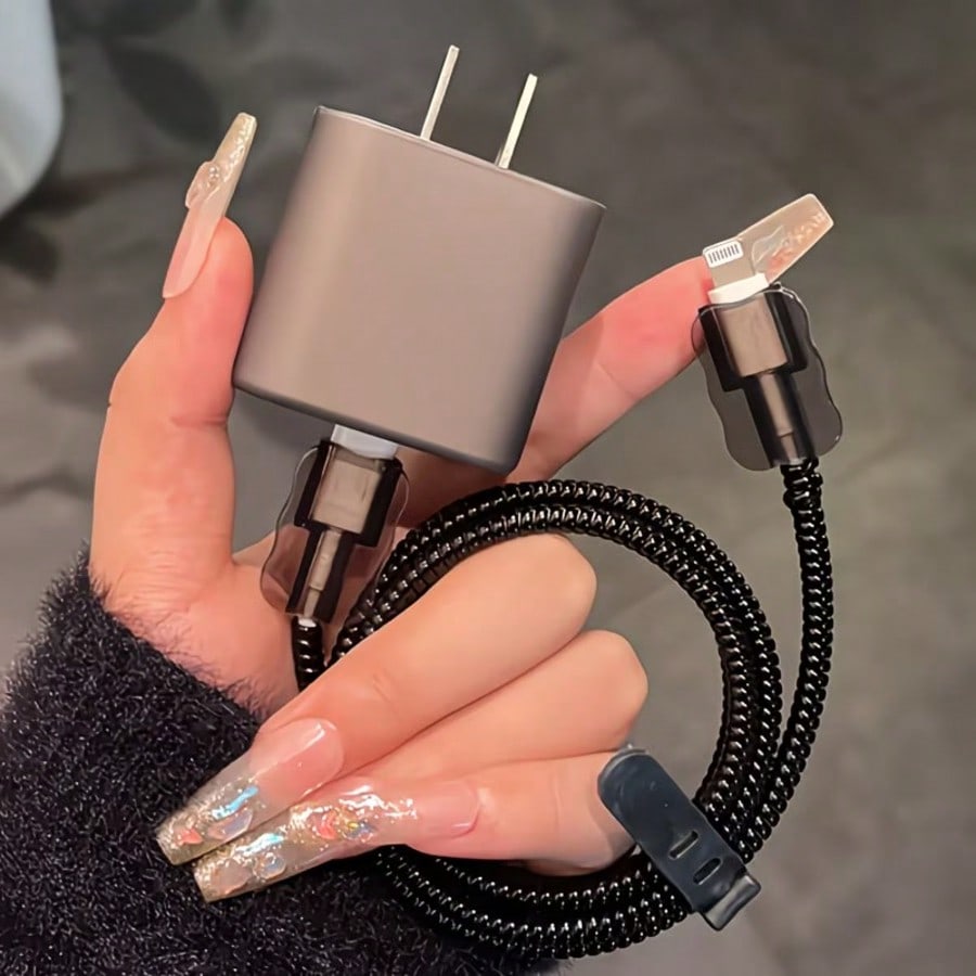 5pcs Matte Gray Charging Adapter Protector Case, Data Cable Protector, Winding Organizer Compatible With Iphone 14/15 Pro Max, 13/12/11 18/20W Charger, Boyfriend/Girlfriend Gift