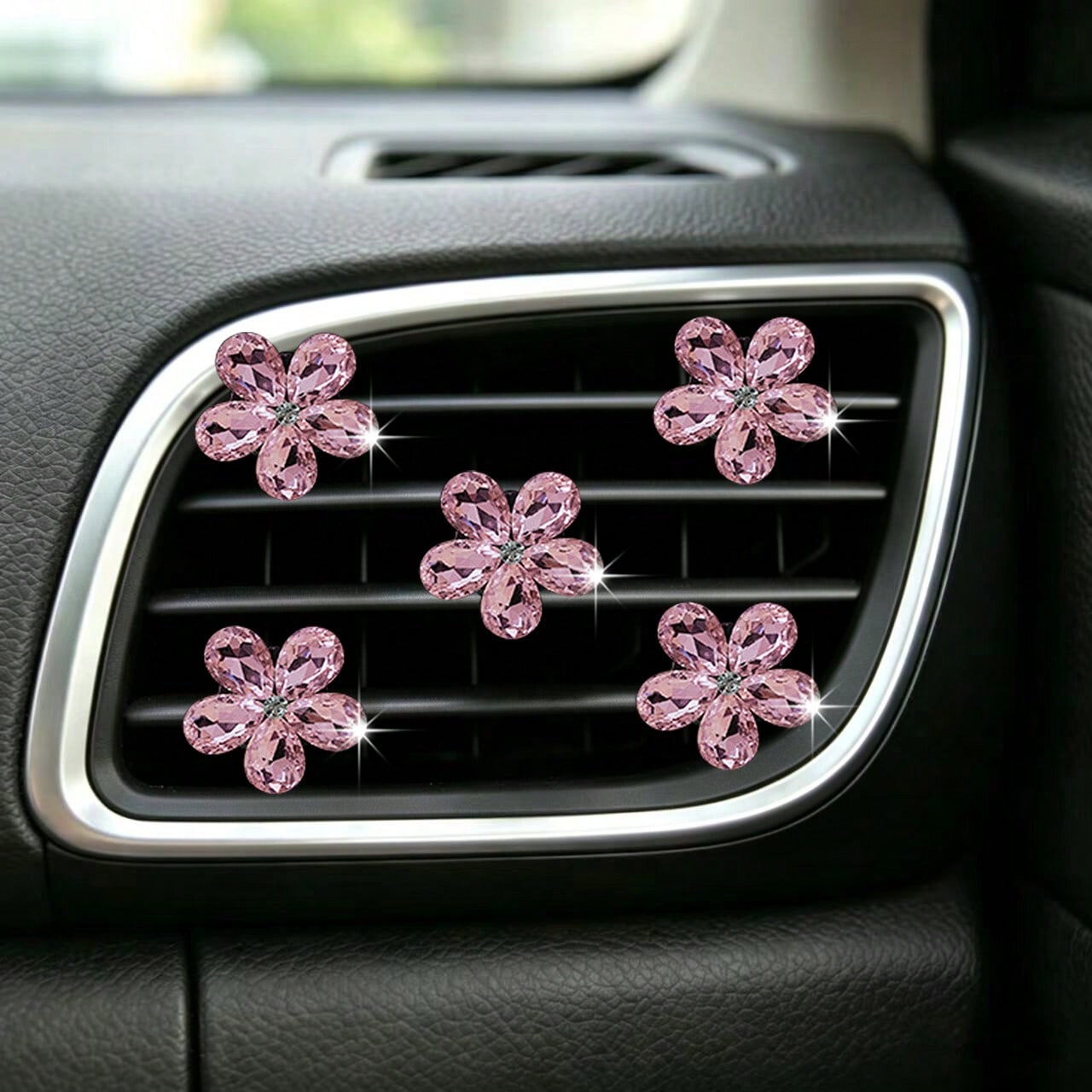 5pcs Pink Small Crystal Set Car Air Vent Aromatherapy Decor Clip Shiny Car Interior Decoration