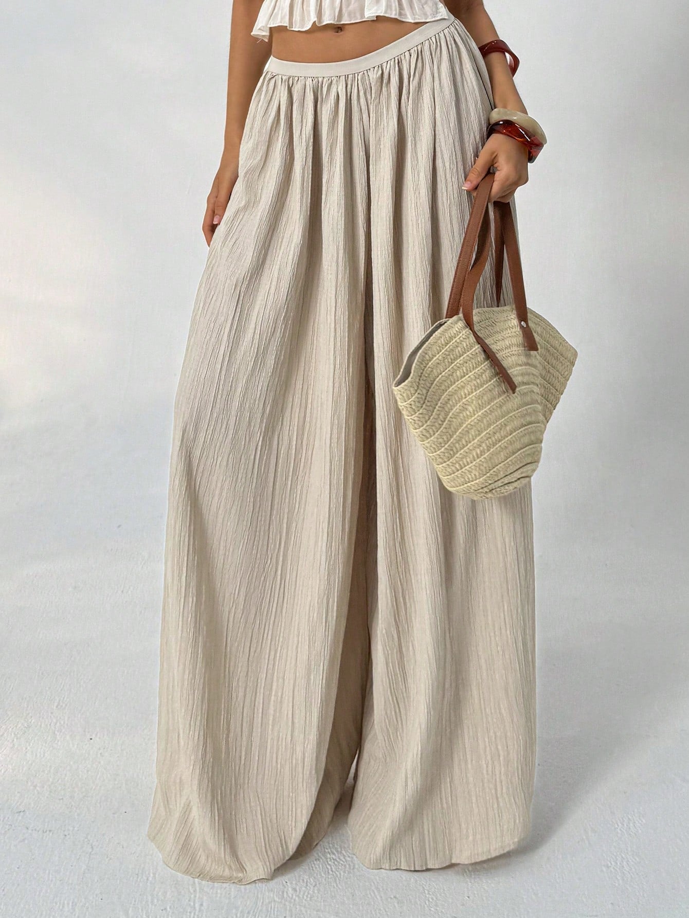 Aloruh Loose Textured Casual Boho Alt Wide Leg Pants, Summer Resort Wear, Fall Women, Vacation Women Beach Vacation Beige