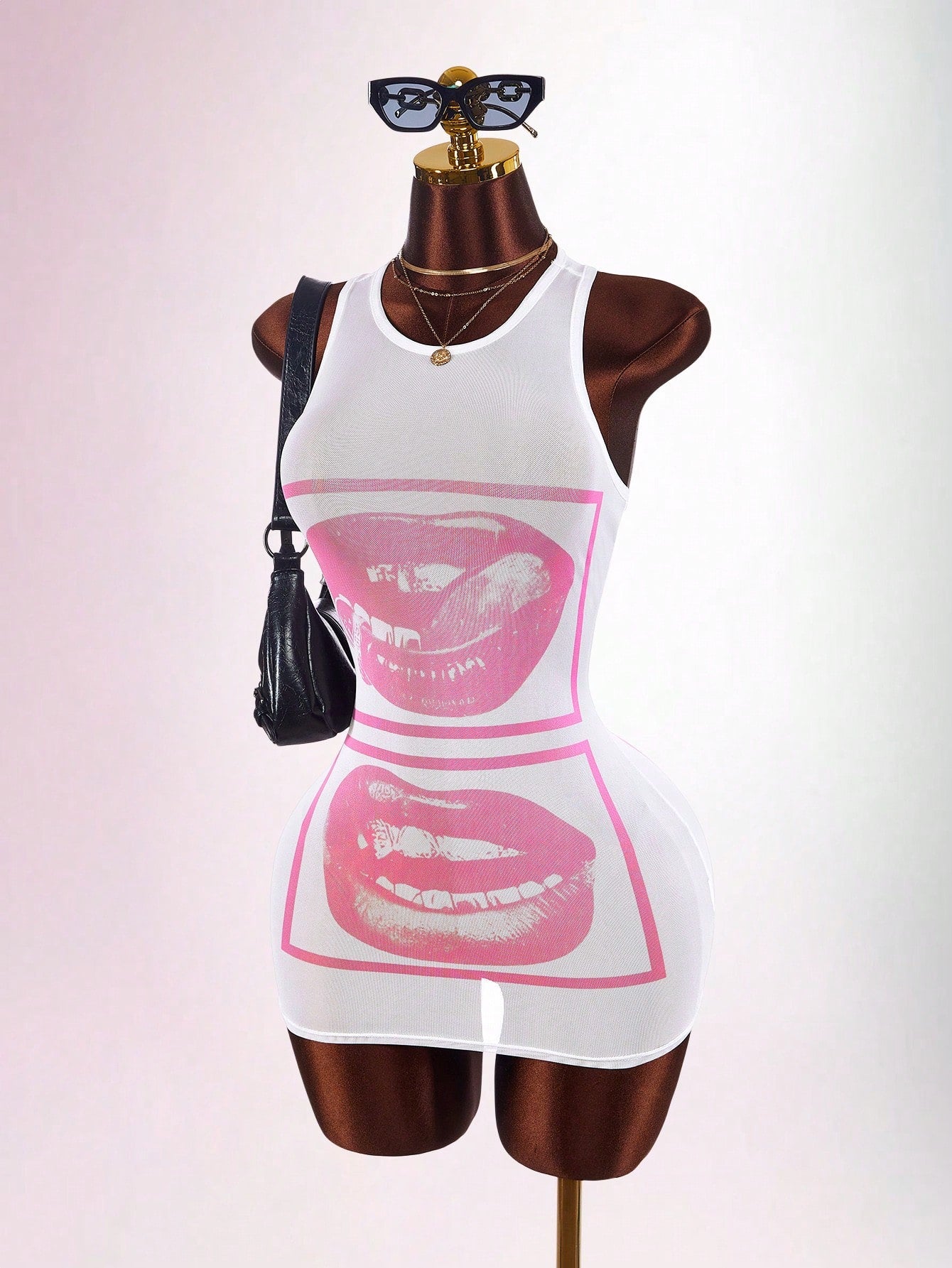 Amplova Face & Lip Print Sheer Bodycon Mini Dress,Summer Dresses For Women