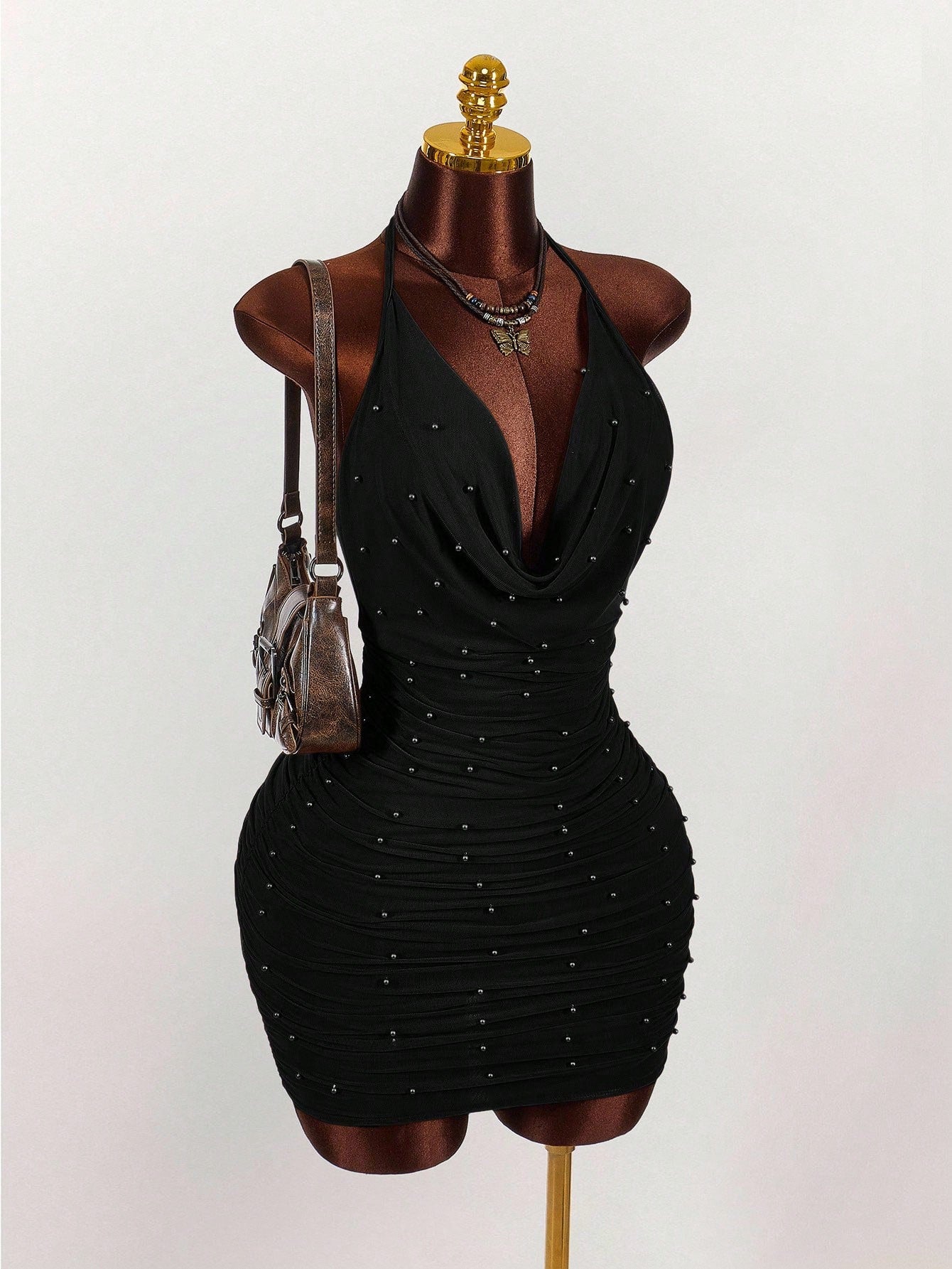 Amplova Vintage Earthy Tone Beaded Design Low-Cut Mini Party Dress Club Black Night Out Dresses Cocktail For Women
