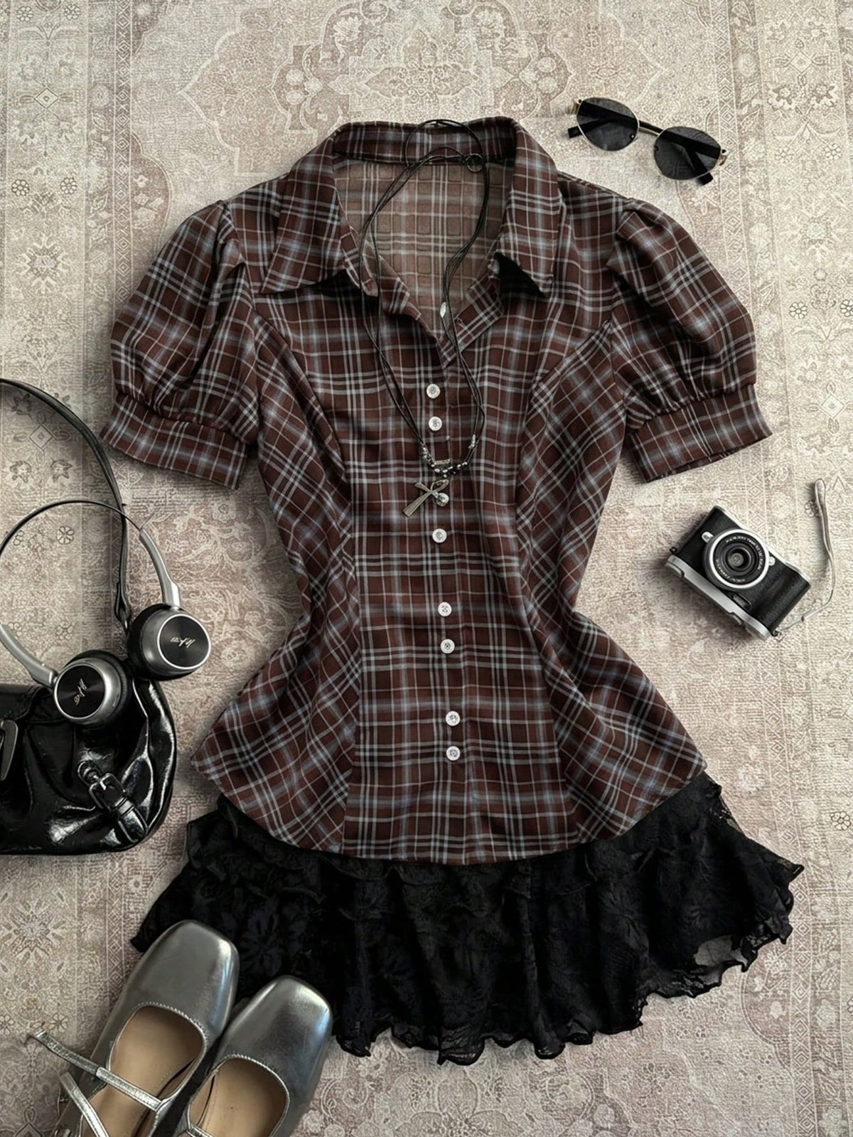 Attitoon Women's Plaid Bubble Short Sleeve Shirt, Vintage Plaid Blouse For School, Back-To-School, Autumn, Casual Works, Y2K Country, Elegant