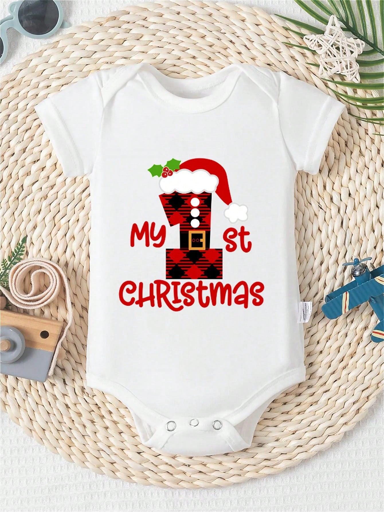 AYJK7 MY 1ST Christmas Hat Print Funny Newborn Clothes 100% Cotton Triangle Jumpsuit, Casual Comfortable Short Sleeve Baby Romper